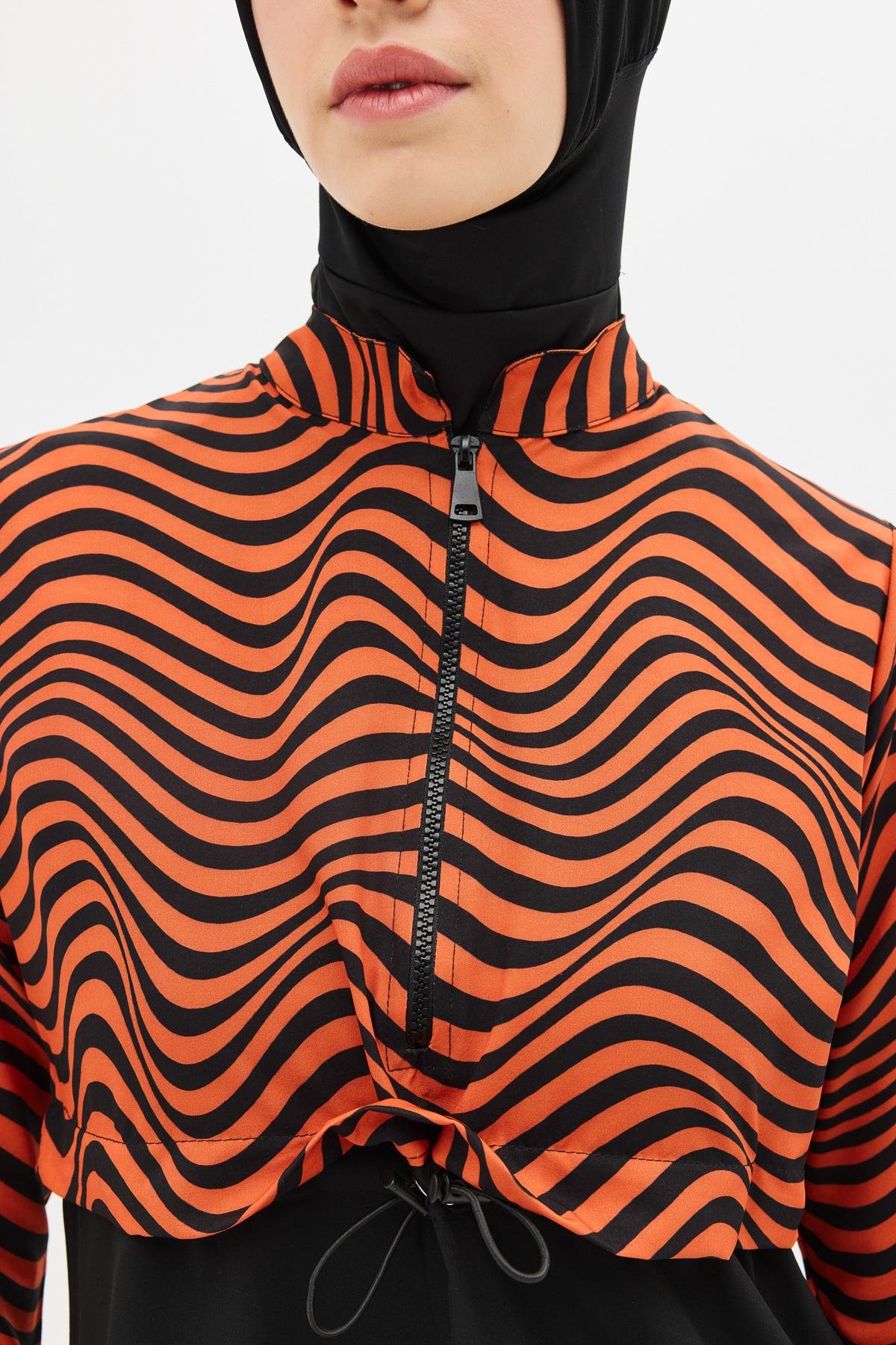 Desenli Belden Büzgülü 4'lü Tesettür Mayo 6220 Kiremit/Siyah