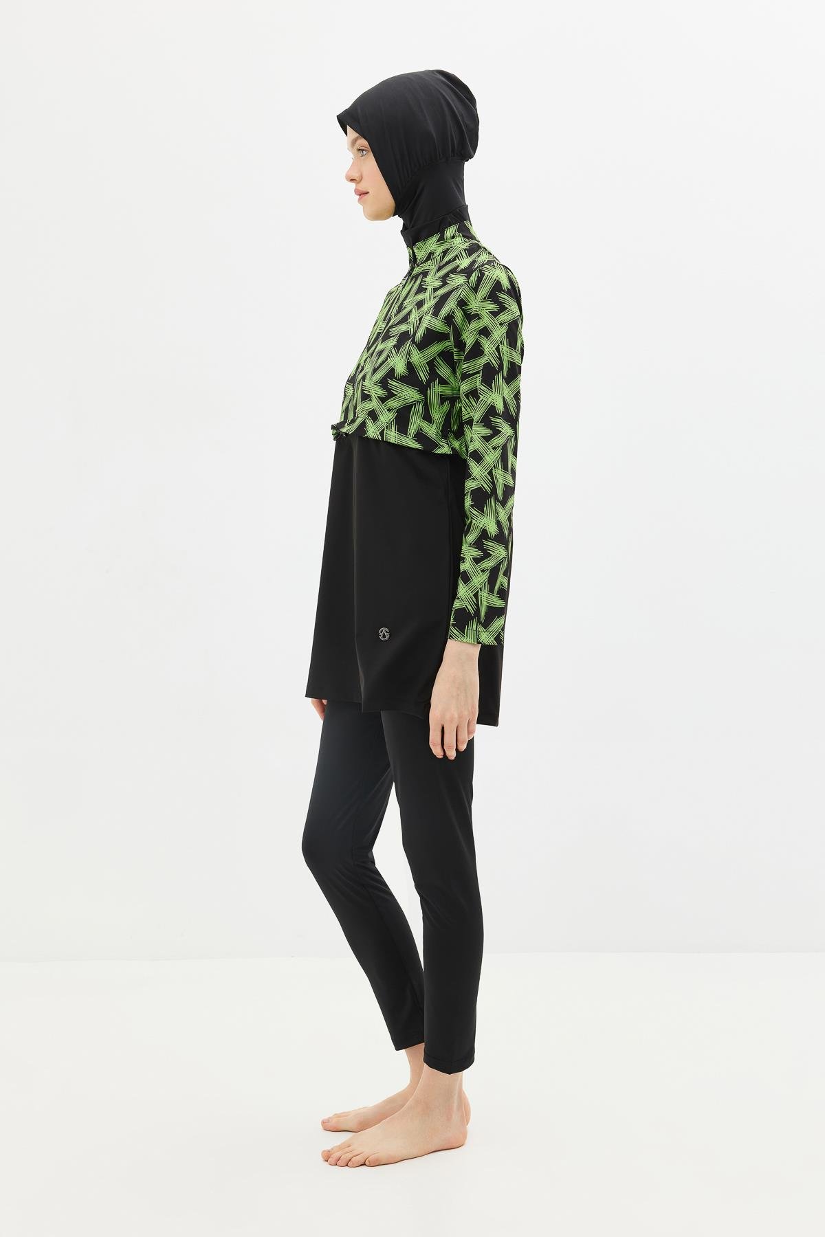 Desenli Belden Büzgülü 4'lü Tesettür Mayo 6220 Yeşil/Siyah