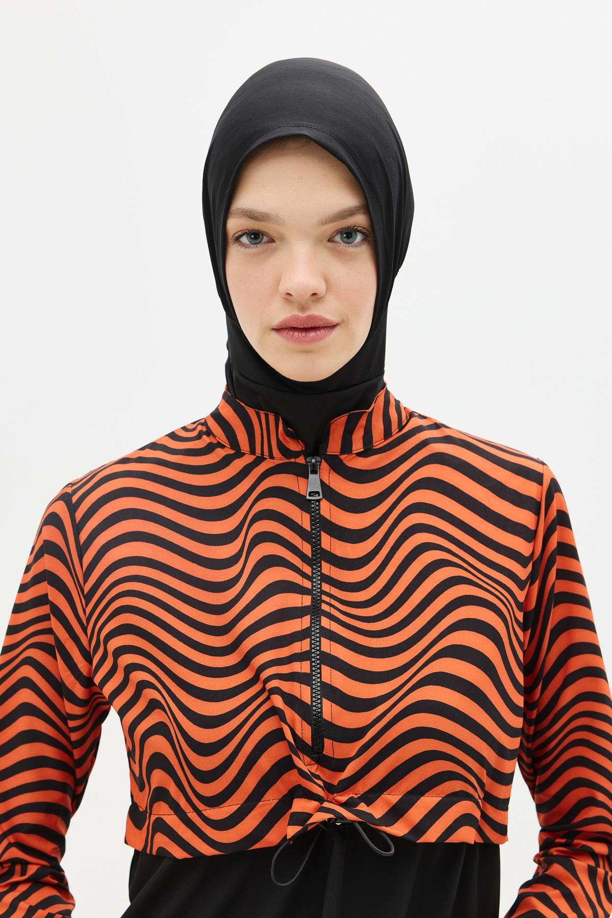 Desenli Belden Büzgülü 4'lü Tesettür Mayo 6220 Kiremit/Siyah