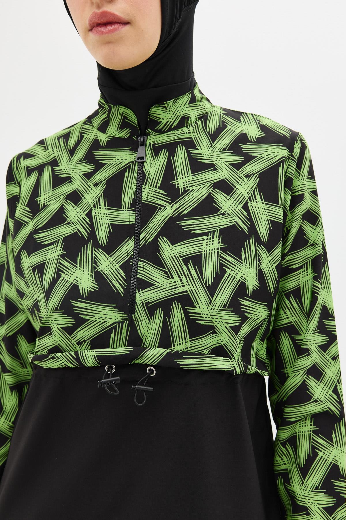 Desenli Belden Büzgülü 4'lü Tesettür Mayo 6220 Yeşil/Siyah