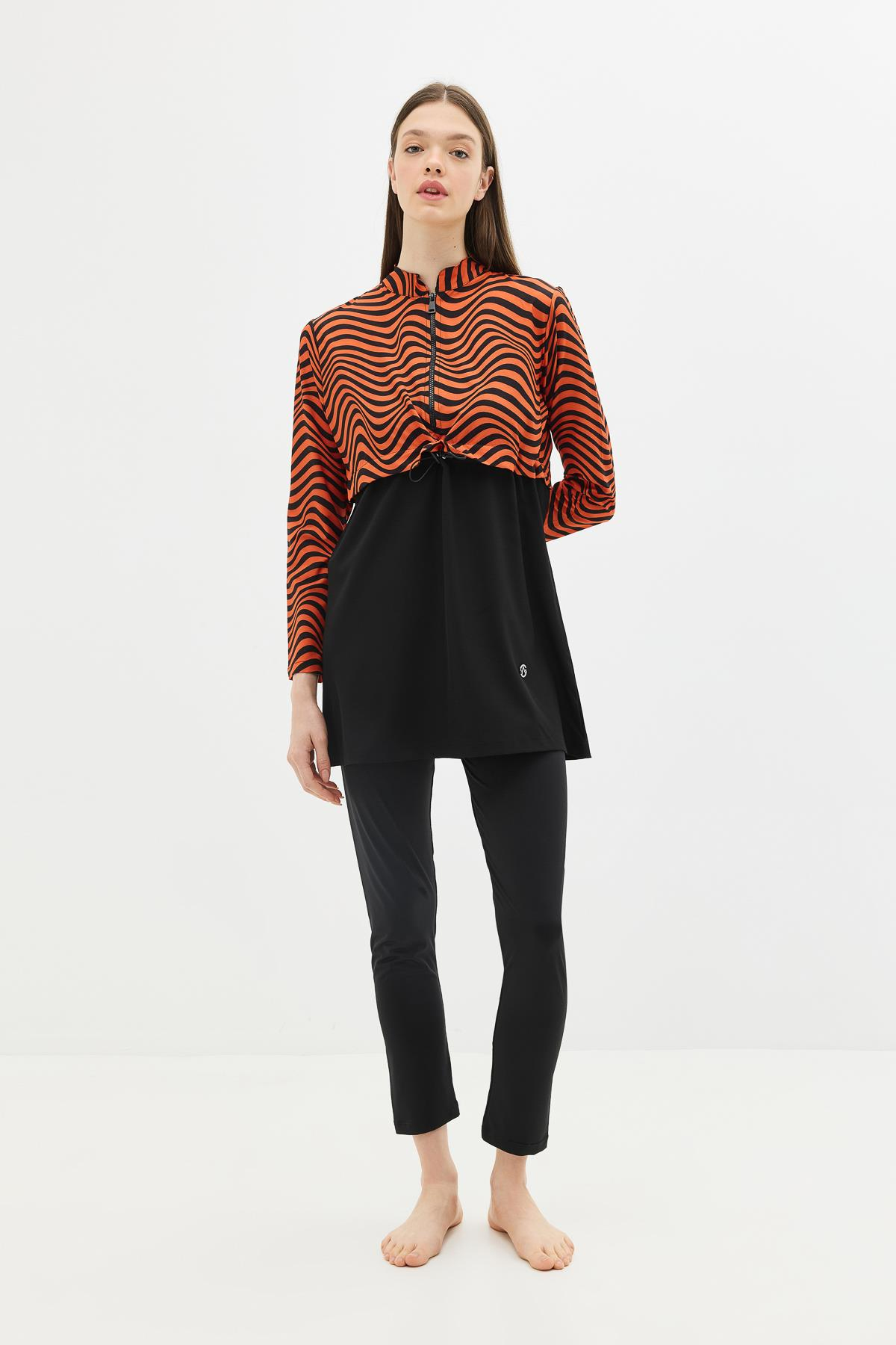 Desenli Belden Büzgülü 4'lü Tesettür Mayo 6220 Kiremit/Siyah