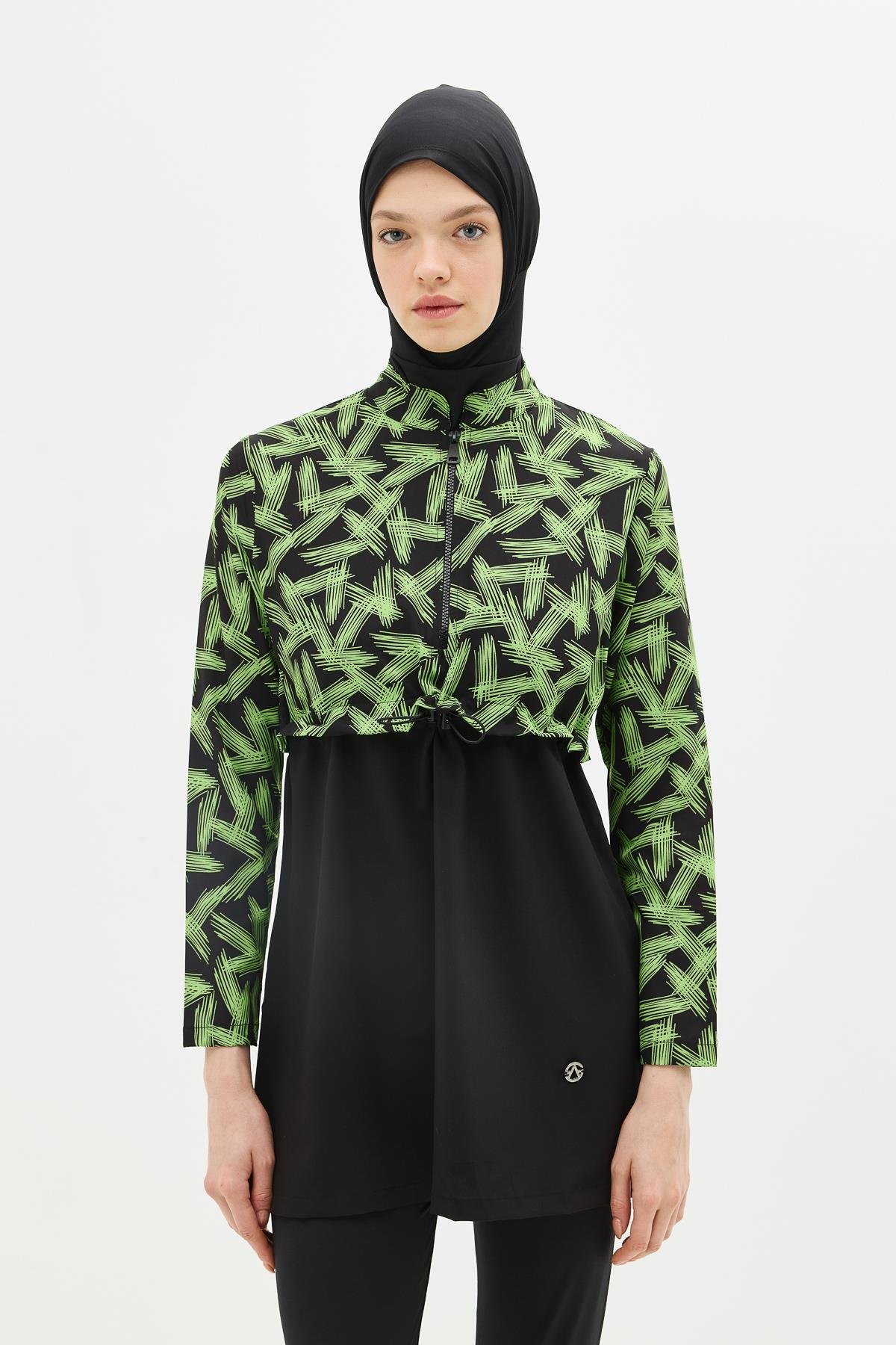 Desenli Belden Büzgülü 4'lü Tesettür Mayo 6220 Yeşil/Siyah