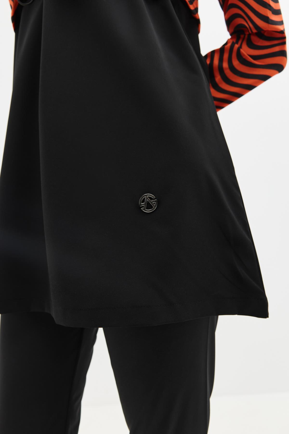 Desenli Belden Büzgülü 4'lü Tesettür Mayo 6220 Kiremit/Siyah