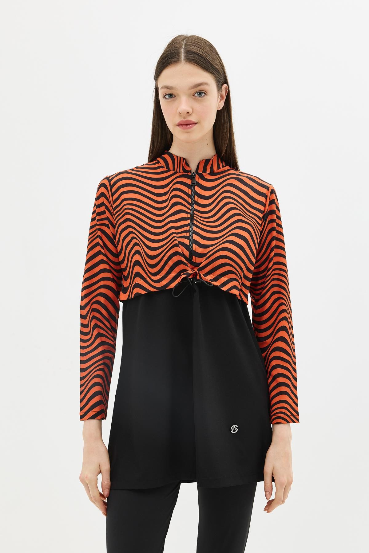 Desenli Belden Büzgülü 4'lü Tesettür Mayo 6220 Kiremit/Siyah