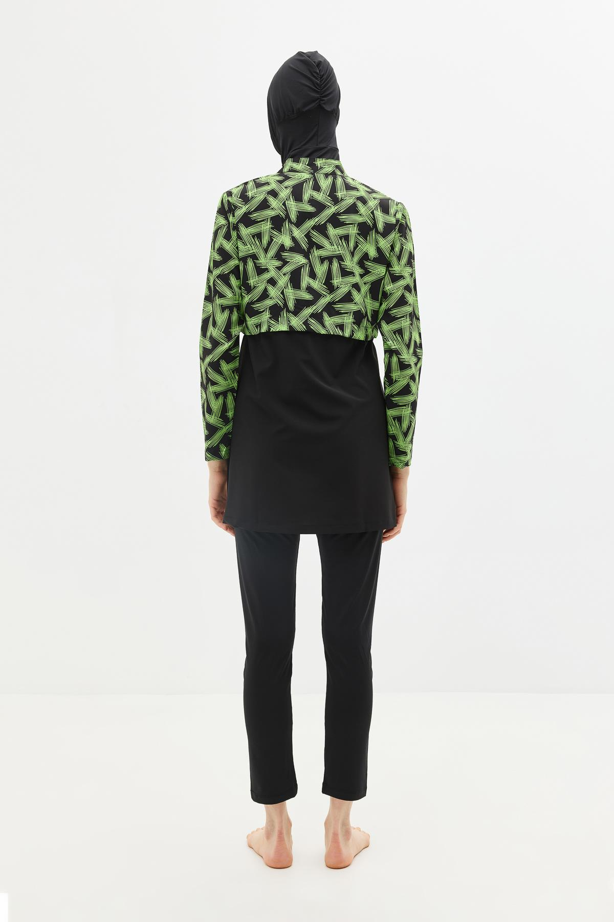 Desenli Belden Büzgülü 4'lü Tesettür Mayo 6220 Yeşil/Siyah