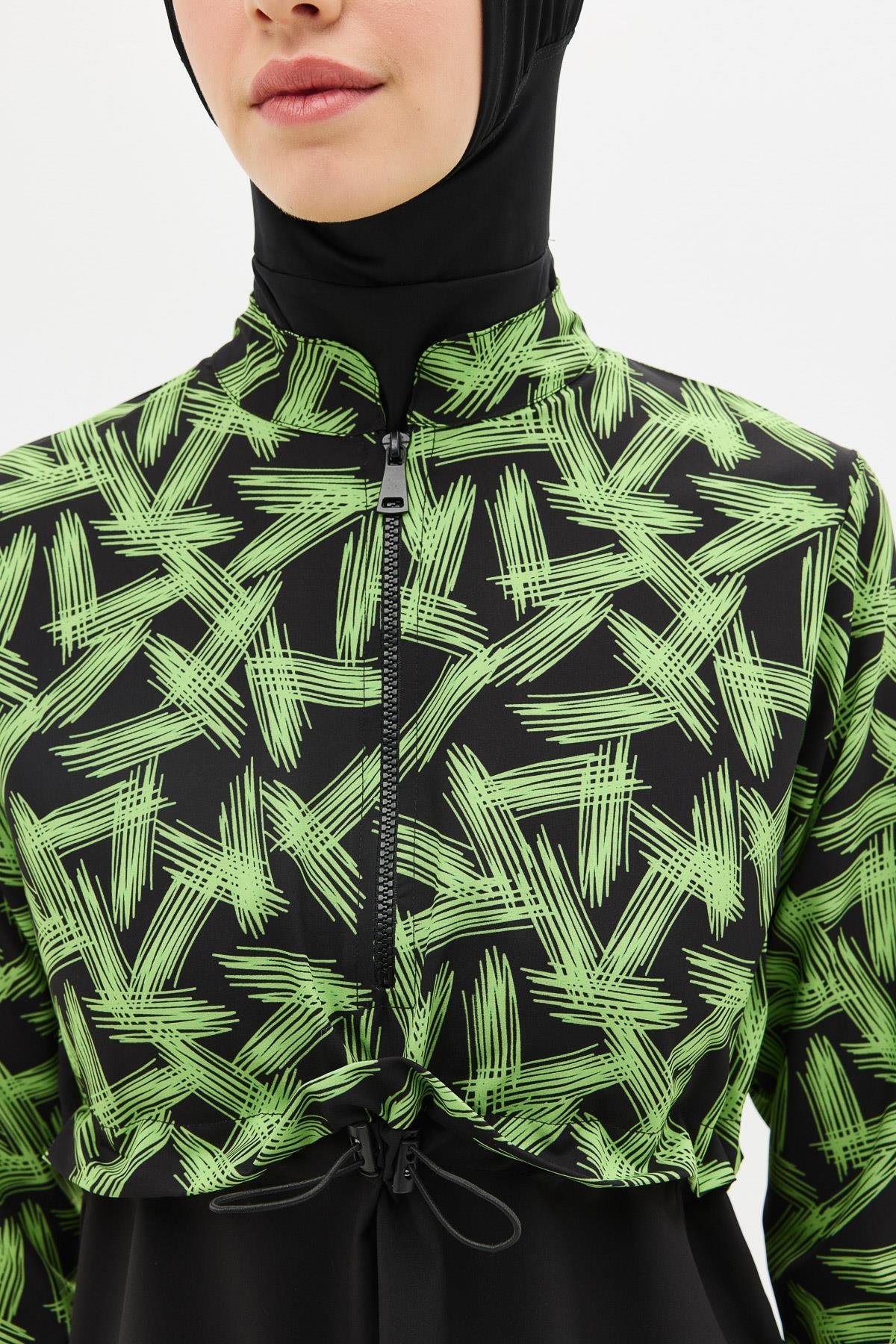 Desenli Belden Büzgülü 4'lü Tesettür Mayo 6220 Yeşil/Siyah