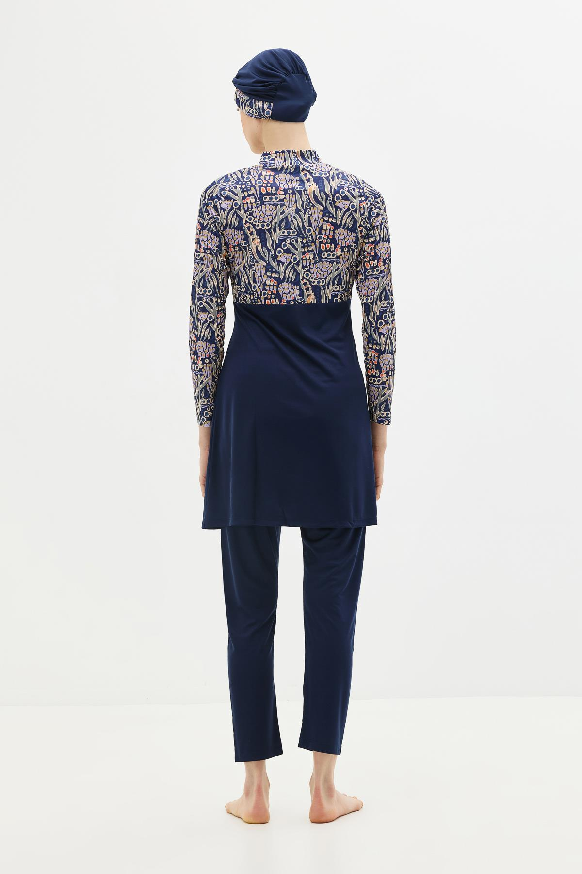 Desenli Fermuarlı 4'lü Tesettür Mayo 1310 Koyu Lacivert