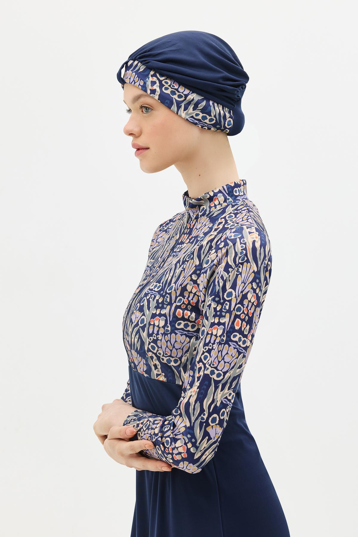 Desenli Fermuarlı 4'lü Tesettür Mayo 1310 Koyu Lacivert