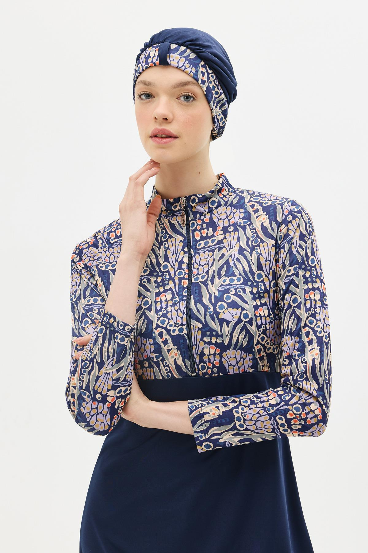 Desenli Fermuarlı 4'lü Tesettür Mayo 1310 Koyu Lacivert