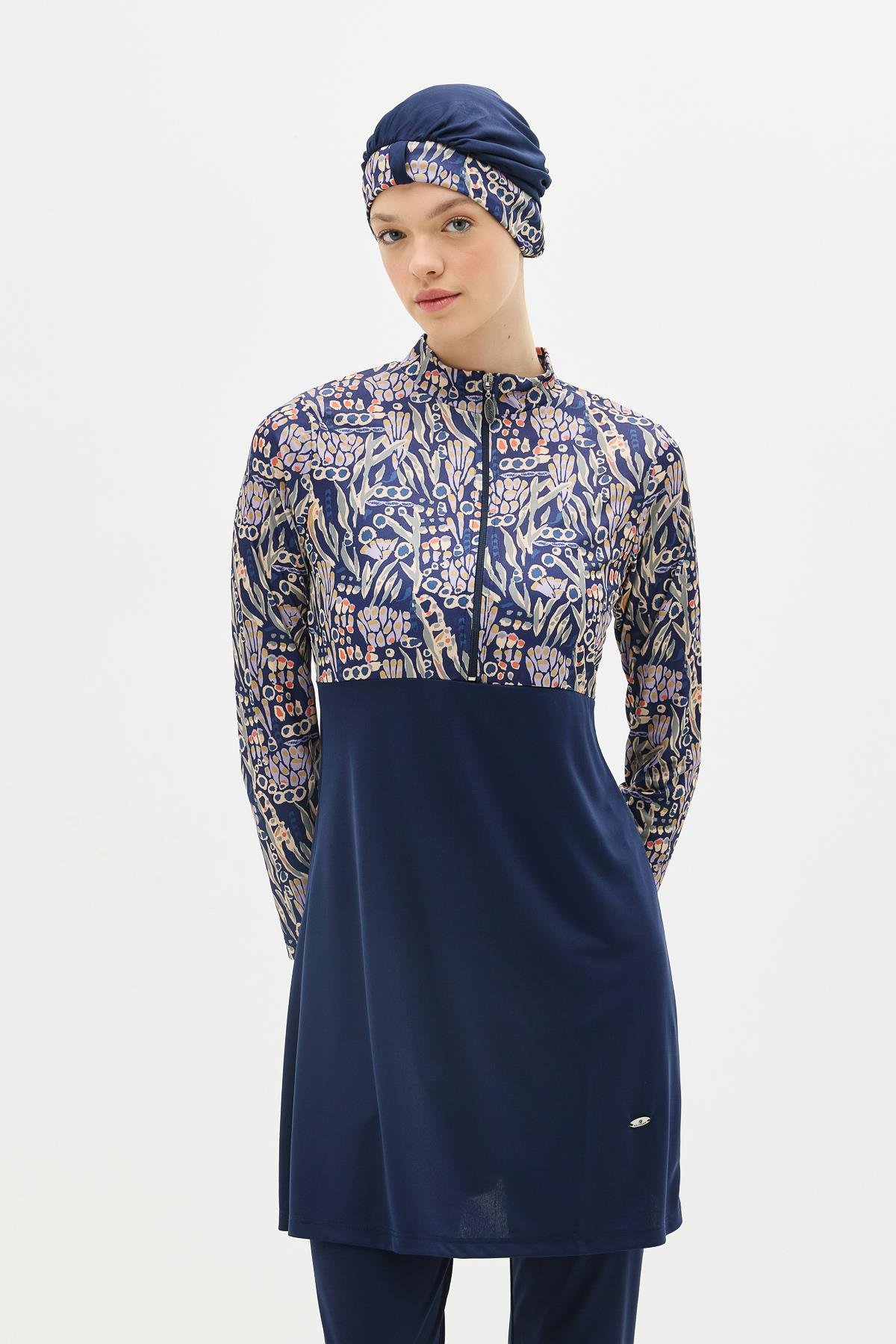 Desenli Fermuarlı 4'lü Tesettür Mayo 1310 Koyu Lacivert