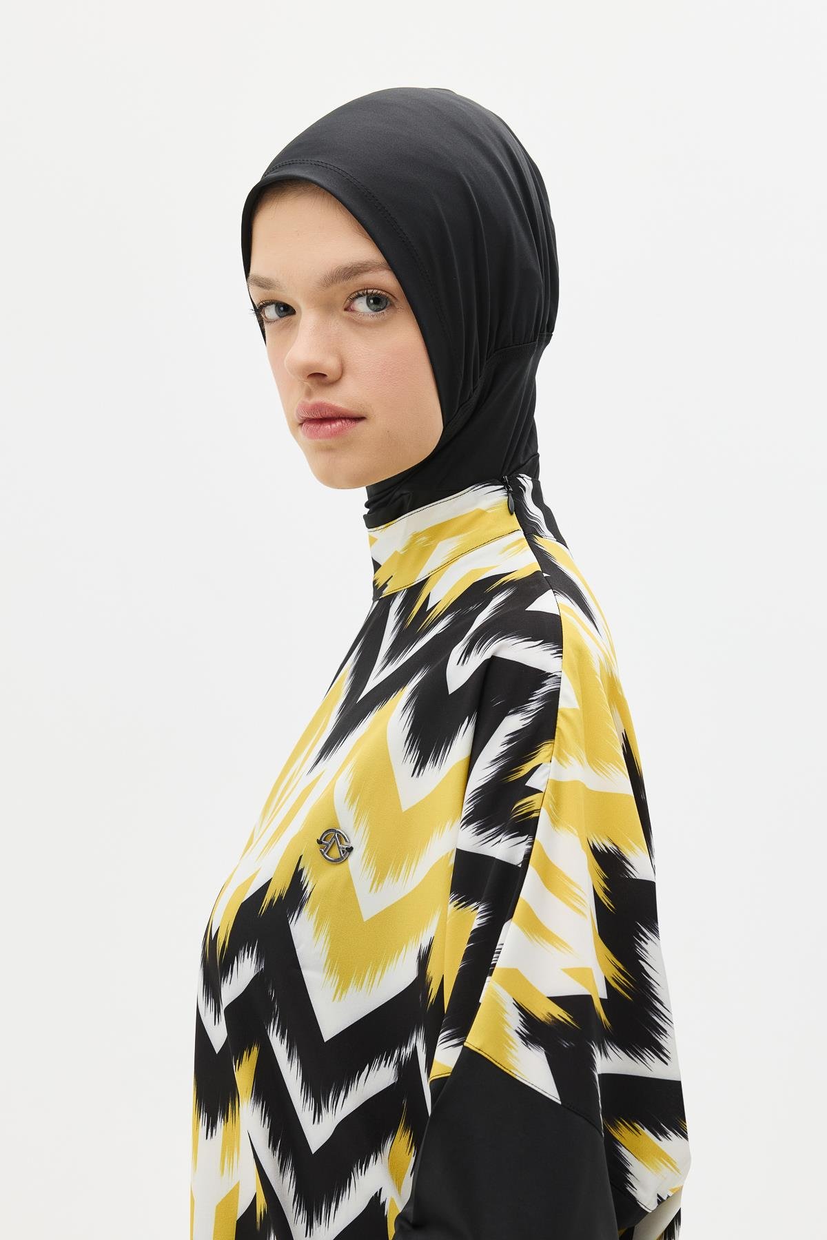 Desenli Rahat Kesim 4'lü Tesettür Mayo 6297 Sarı/Siyah