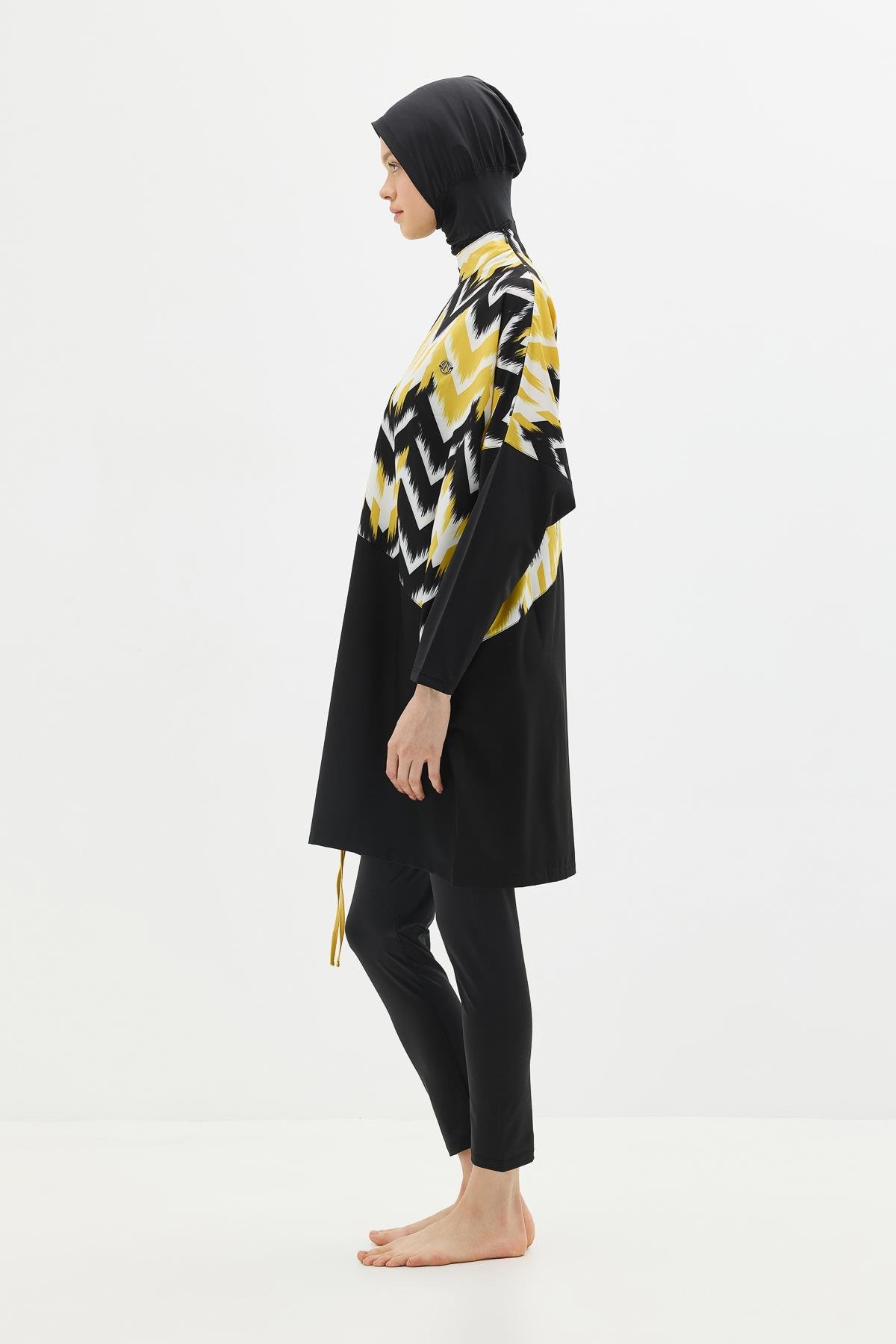 Desenli Rahat Kesim 4'lü Tesettür Mayo 6297 Sarı/Siyah