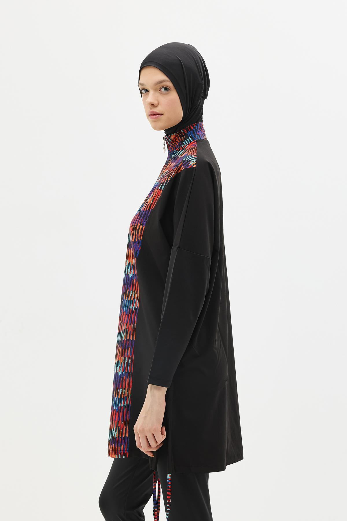 Desenli Rahat Kesim 4'lü Tesettür Mayo 6052 Siyah