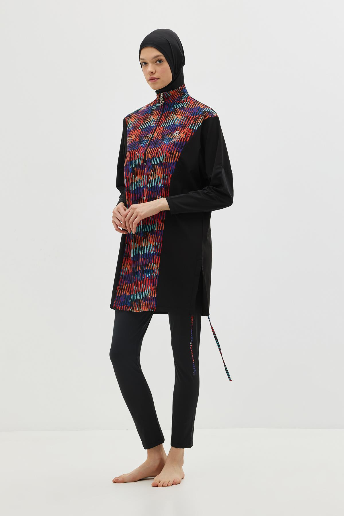 Desenli Rahat Kesim 4'lü Tesettür Mayo 6052 Siyah