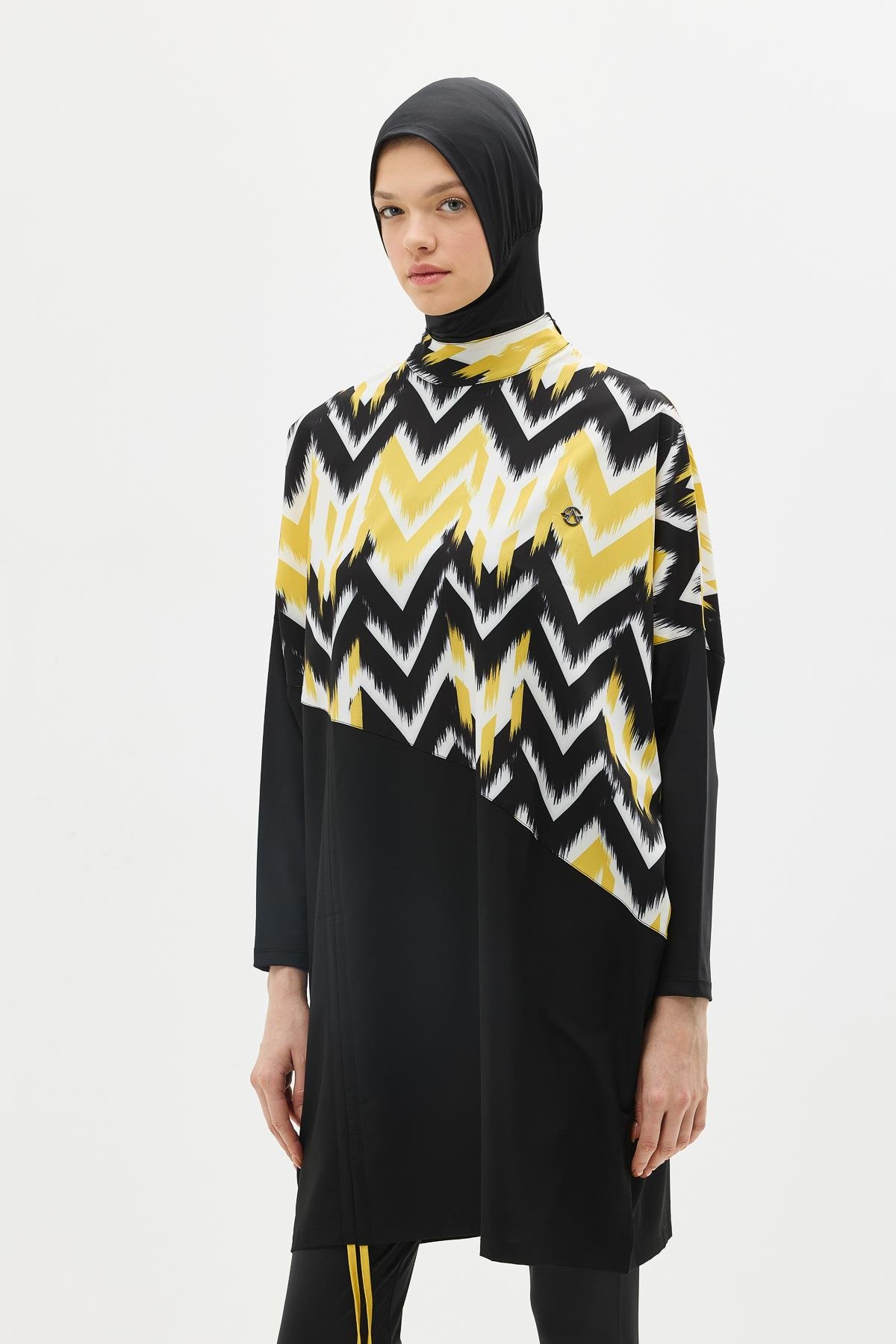Desenli Rahat Kesim 4'lü Tesettür Mayo 6297 Sarı/Siyah