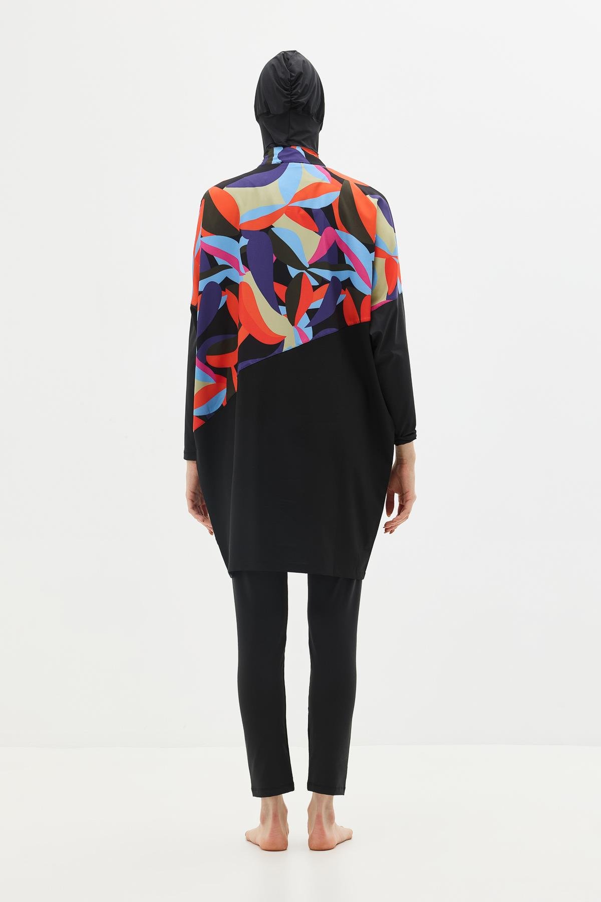 Desenli Rahat Kesim 4'lü Tesettür Mayo 6297 Lacivert/Siyah