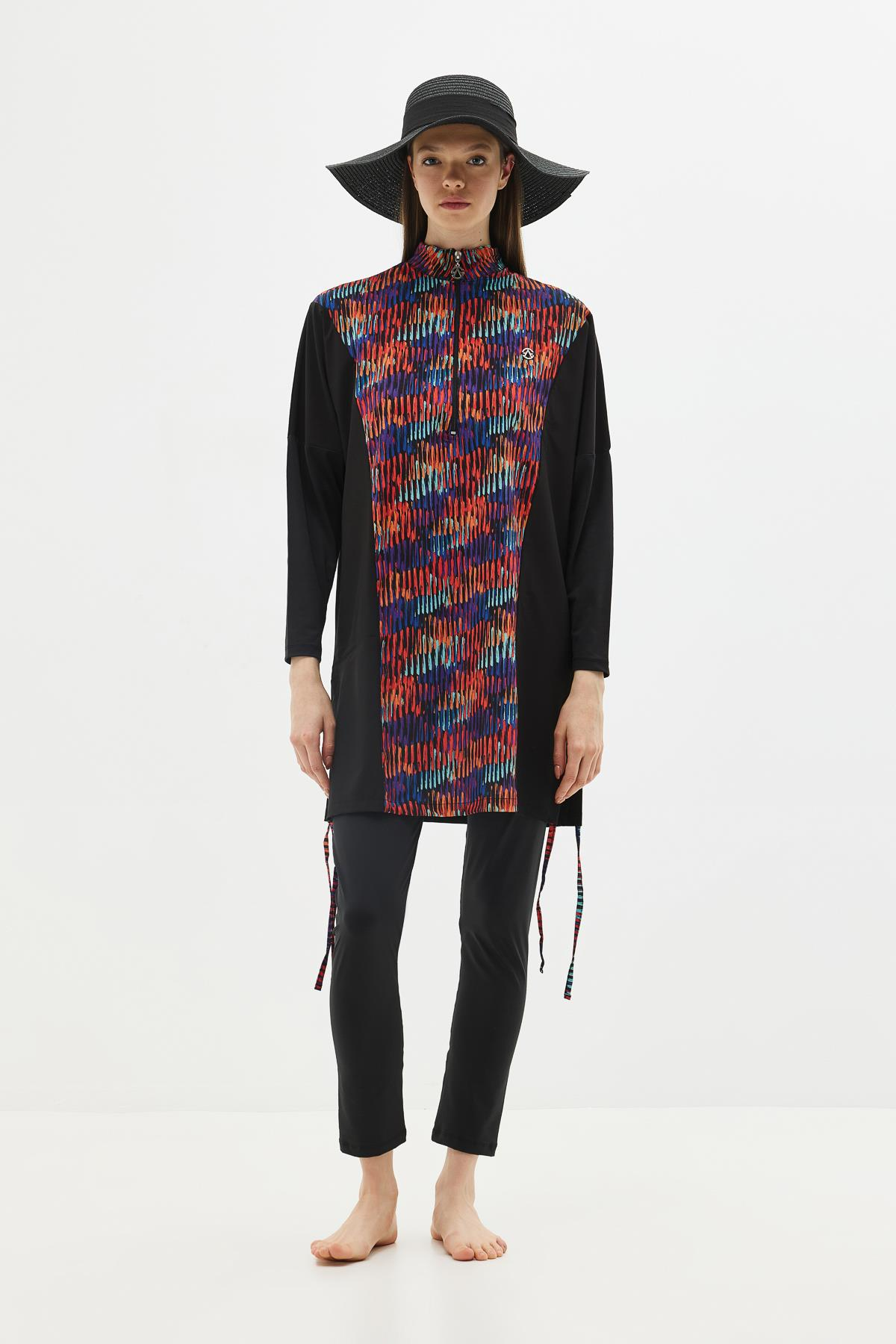 Desenli Rahat Kesim 4'lü Tesettür Mayo 6052 Siyah