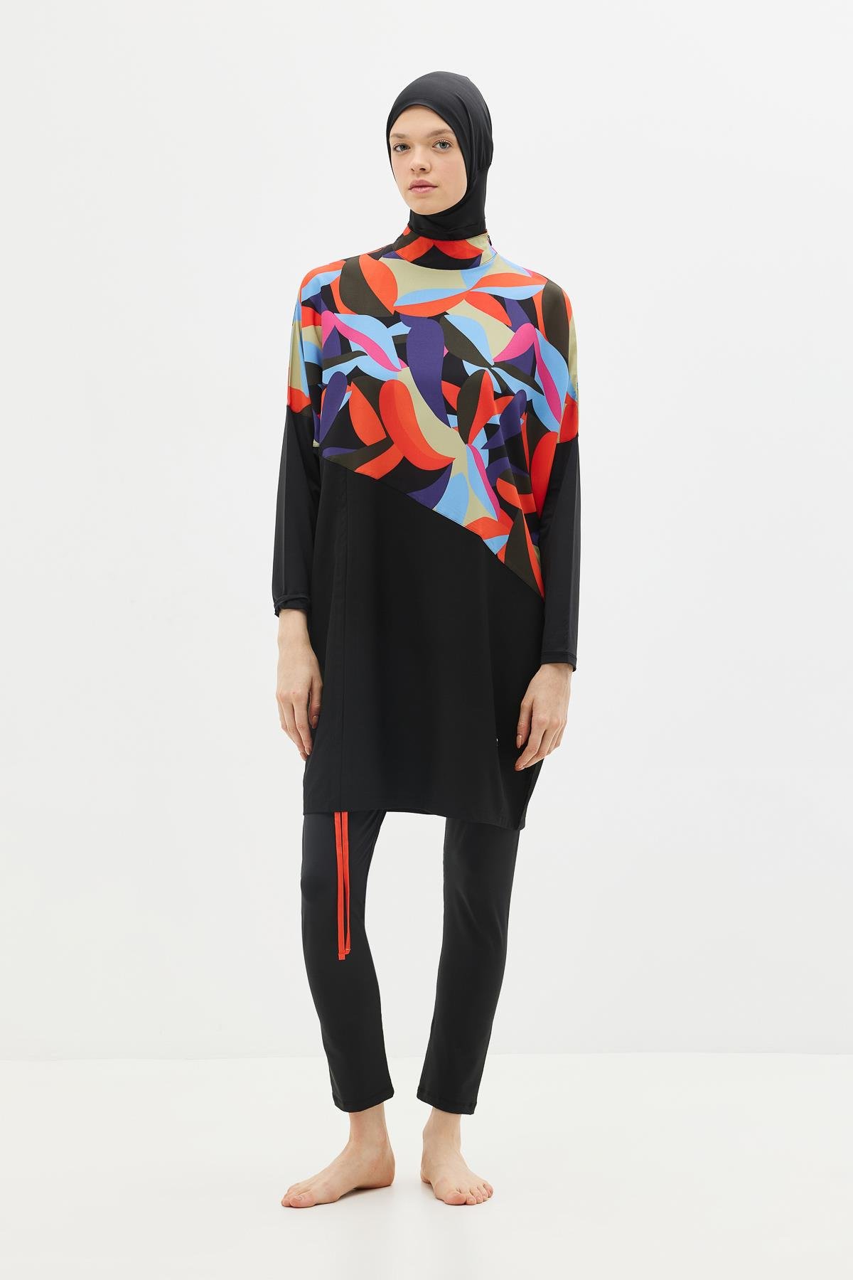 Desenli Rahat Kesim 4'lü Tesettür Mayo 6297 Lacivert/Siyah