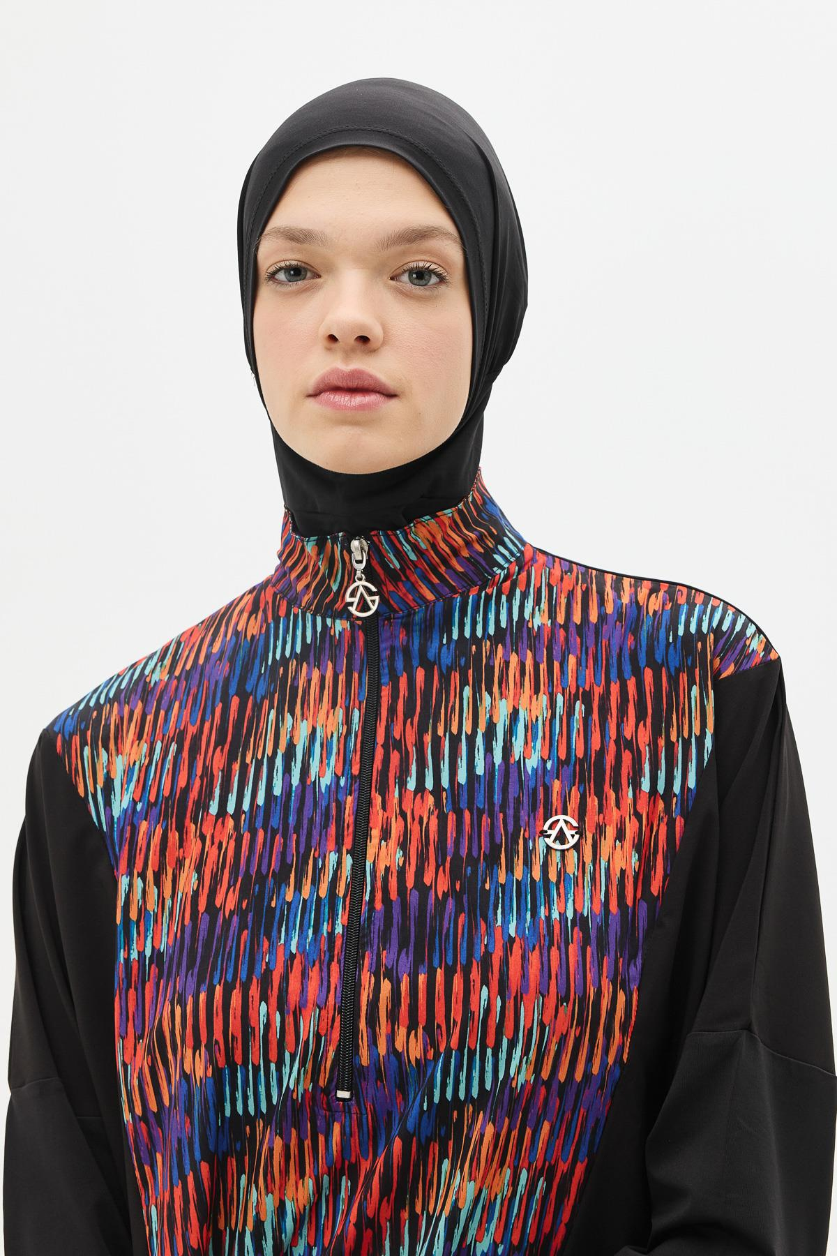 Desenli Rahat Kesim 4'lü Tesettür Mayo 6052 Siyah