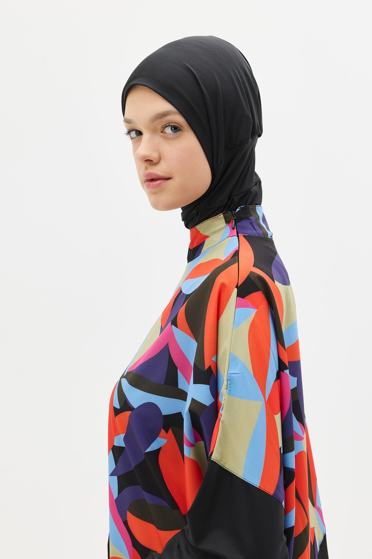 Desenli Rahat Kesim 4'lü Tesettür Mayo 6297 Lacivert/Siyah