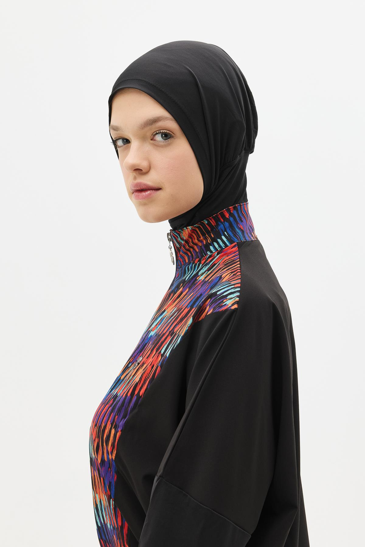 Desenli Rahat Kesim 4'lü Tesettür Mayo 6052 Siyah