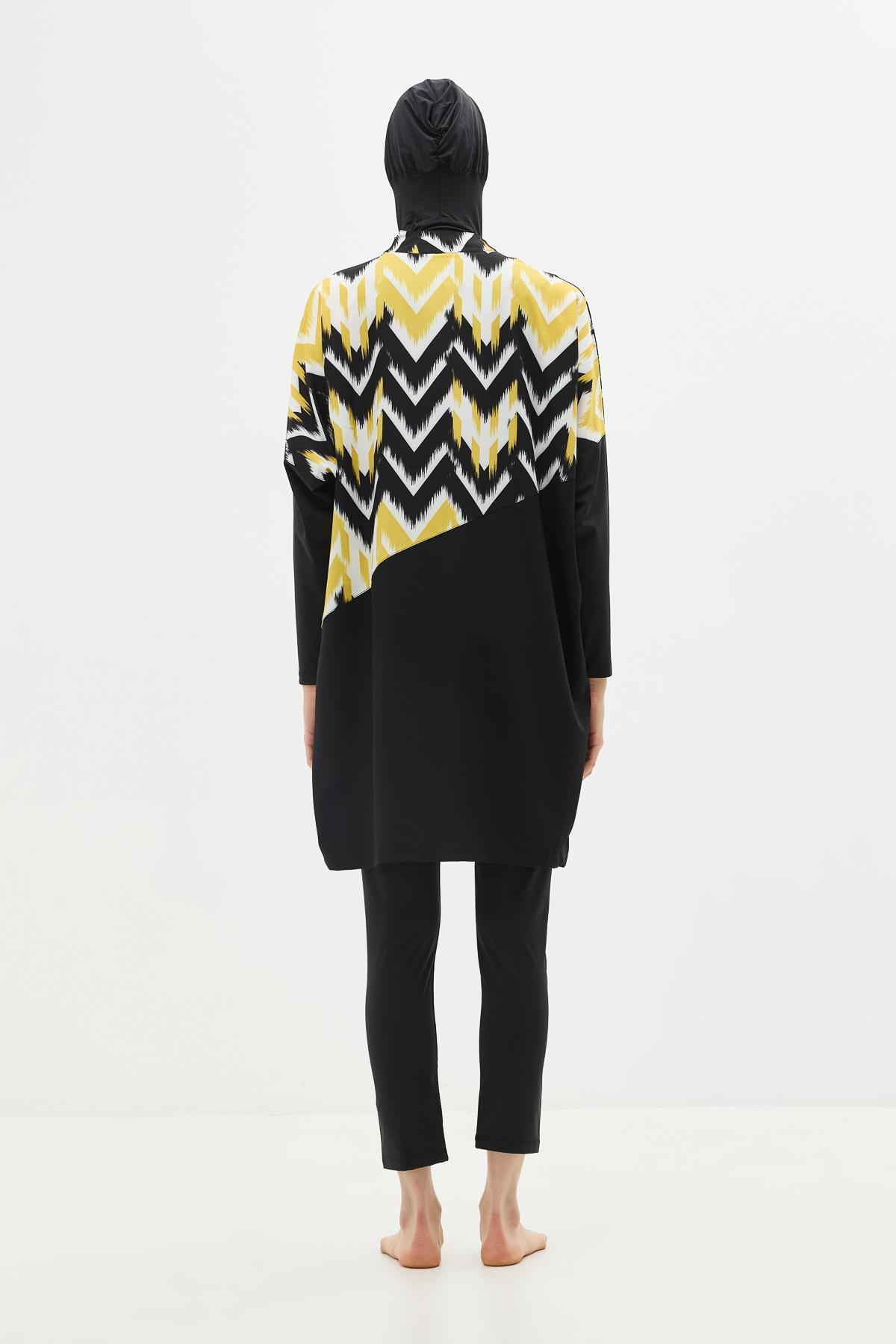 Desenli Rahat Kesim 4'lü Tesettür Mayo 6297 Sarı/Siyah