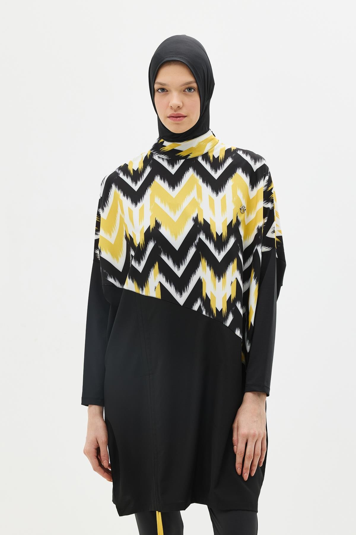 Desenli Rahat Kesim 4'lü Tesettür Mayo 6297 Sarı/Siyah