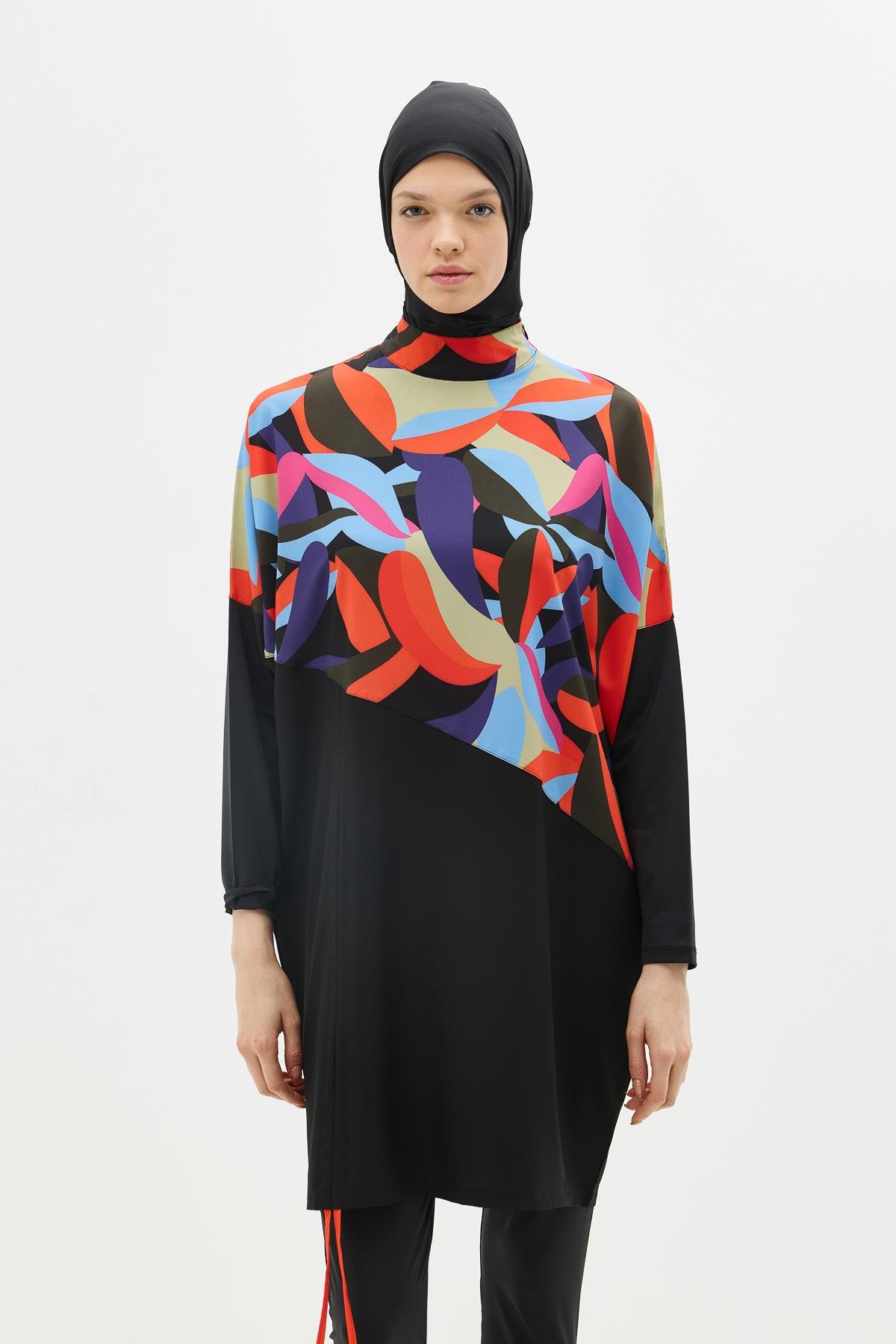 Desenli Rahat Kesim 4'lü Tesettür Mayo 6297 Lacivert/Siyah