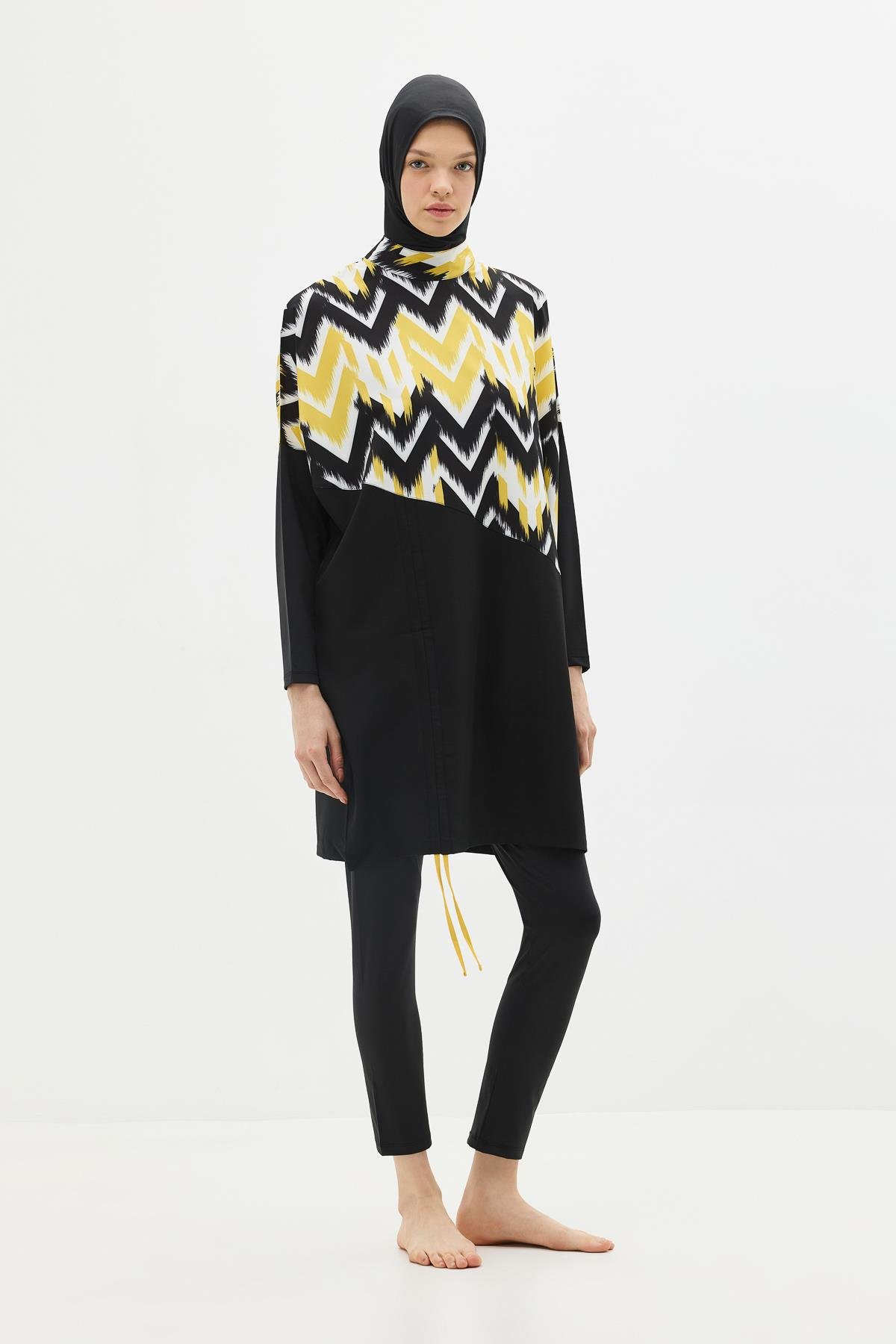 Desenli Rahat Kesim 4'lü Tesettür Mayo 6297 Sarı/Siyah