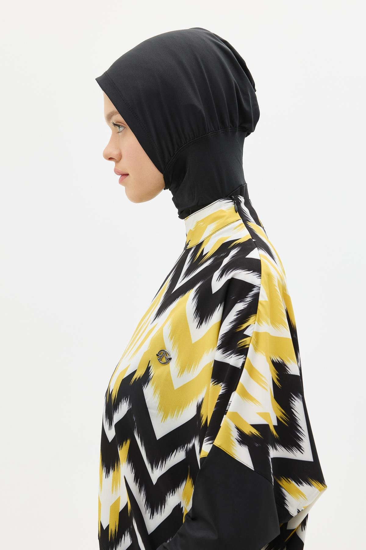 Desenli Rahat Kesim 4'lü Tesettür Mayo 6297 Sarı/Siyah