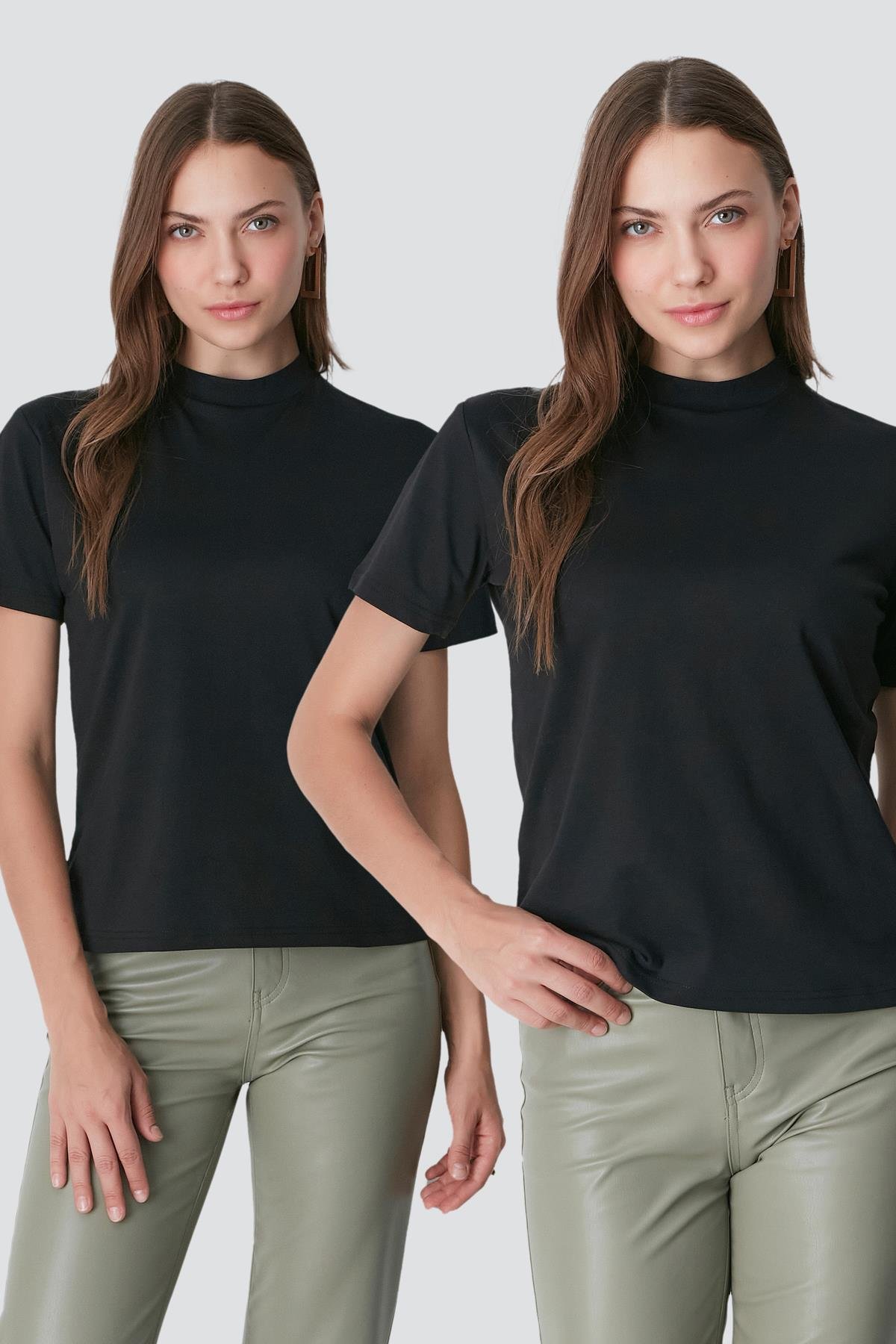 Dik Yaka Kısa Kol 2'li Basic T-Shirt 957 Siyah