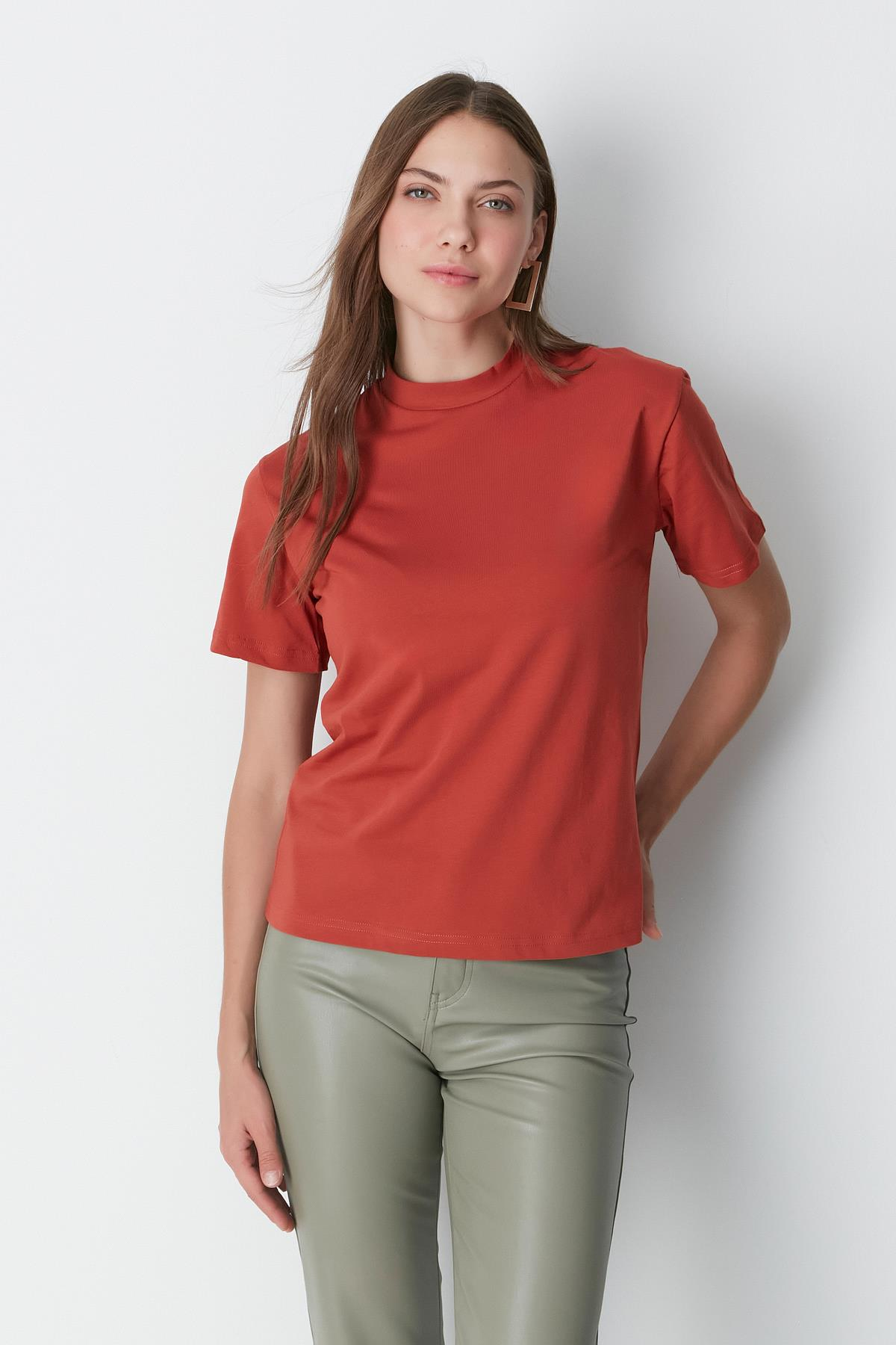 Dik Yaka Kısa Kol 2'li Basic T-Shirt 957 Haki/Kiremit