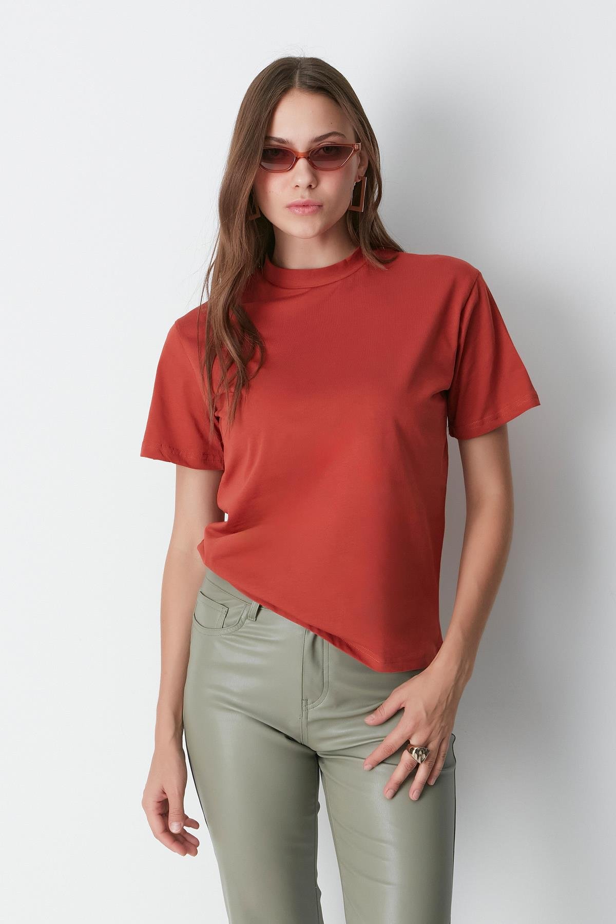 Dik Yaka Kısa Kol 2'li Basic T-Shirt 957 Kiremit/Gül Kurusu