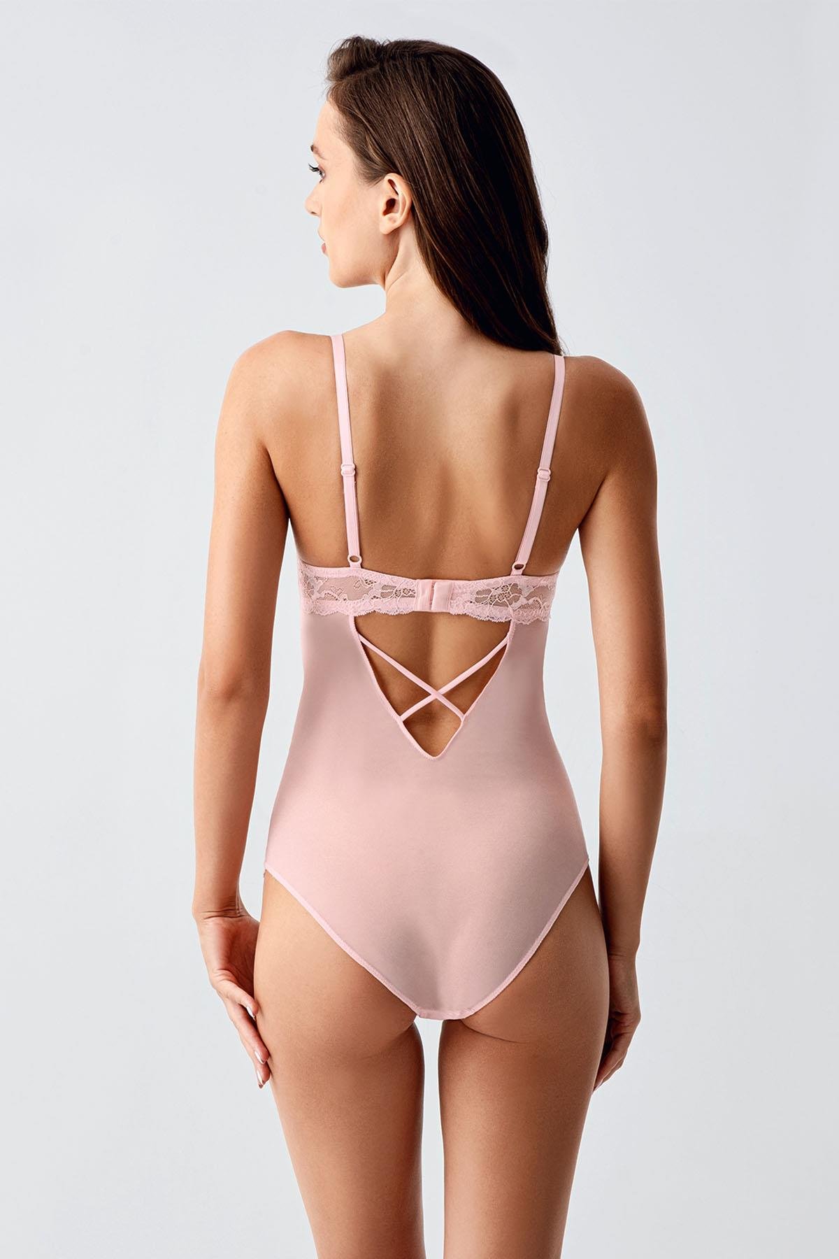 Dolgusuz Dantel Detaylı Bodysuit C15096 Pudra