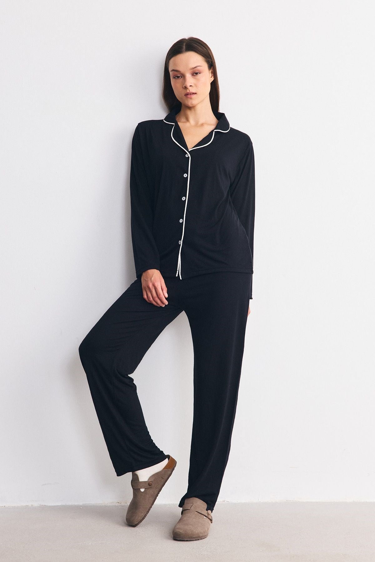 Düğmeli Gömlek Yaka Pijama Takımı Siyah