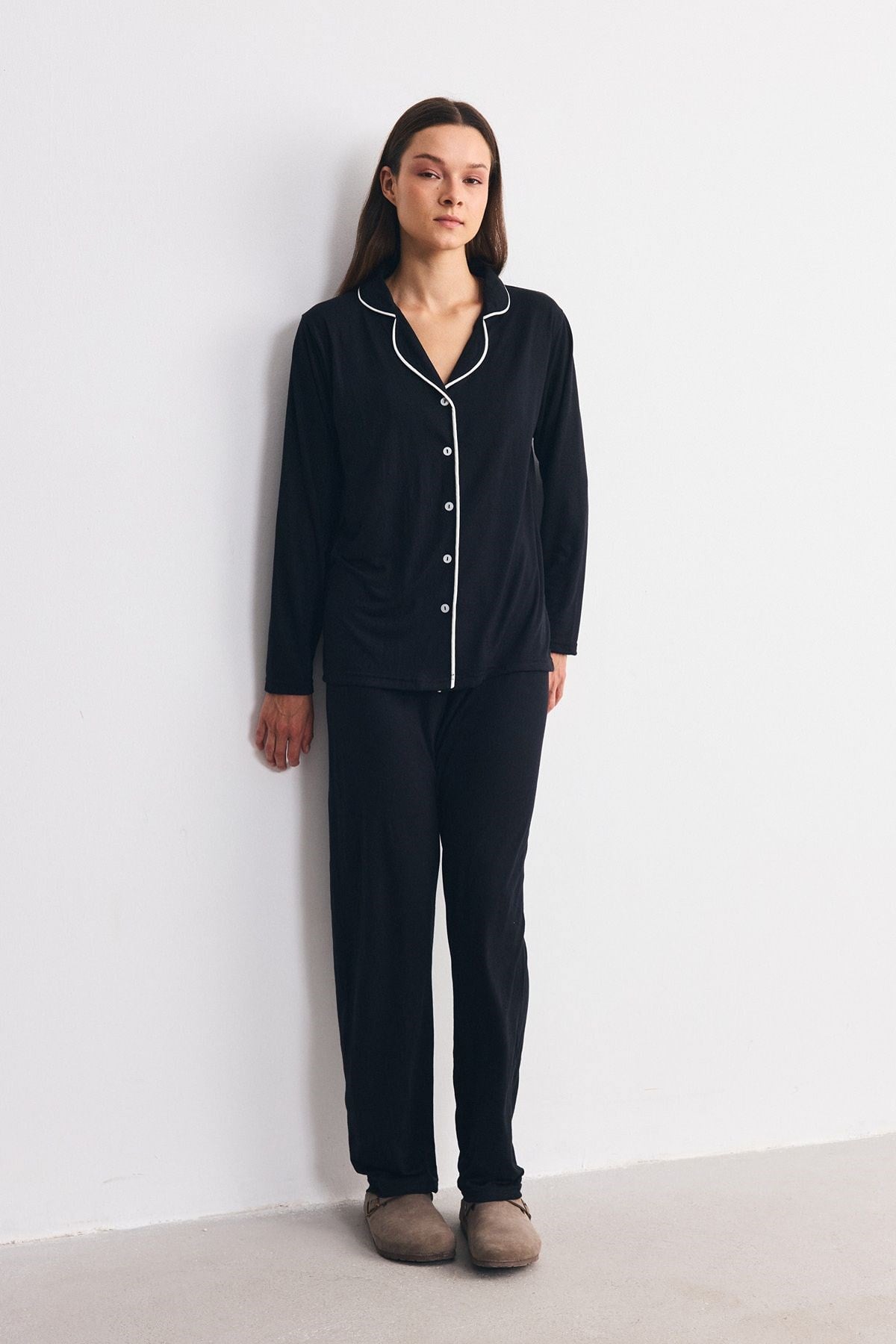 Düğmeli Gömlek Yaka Pijama Takımı Siyah