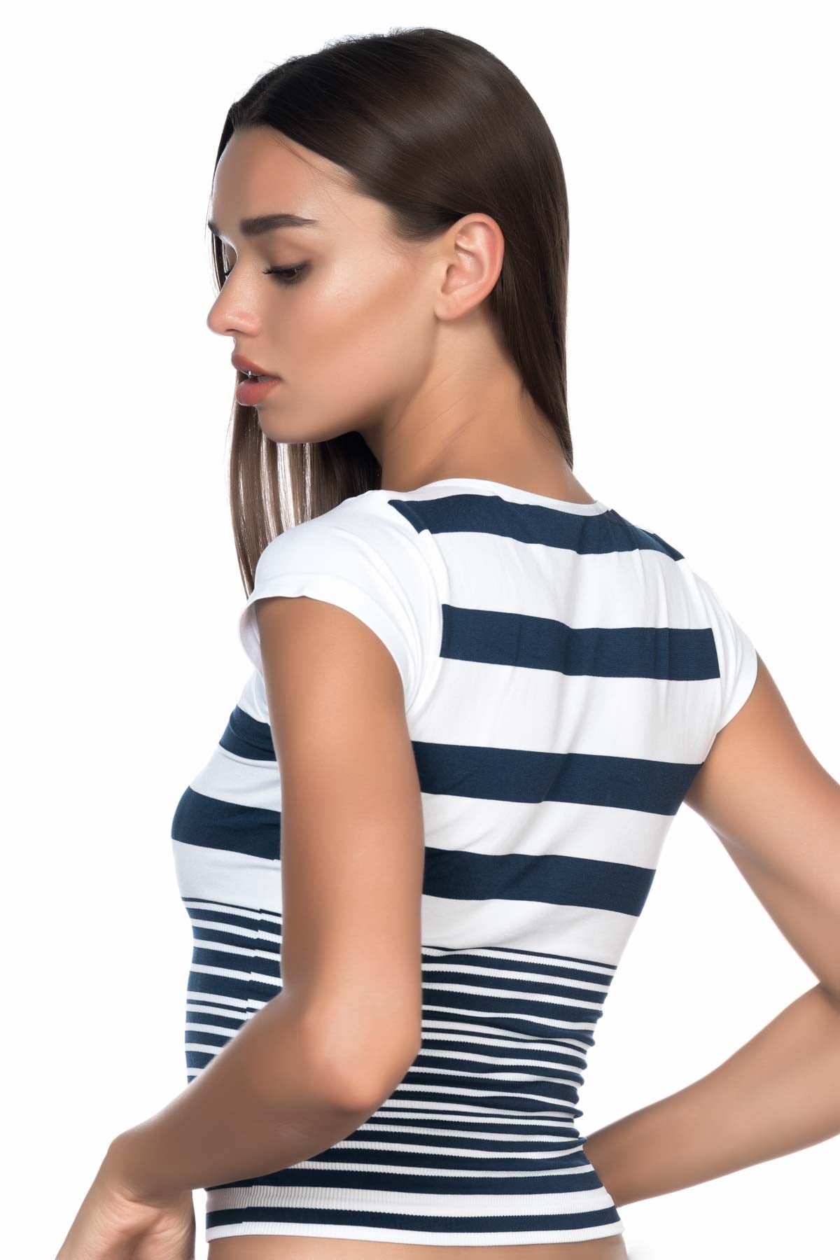 Emay 5026 Kadın T-Shirt Beyaz/Lacivert