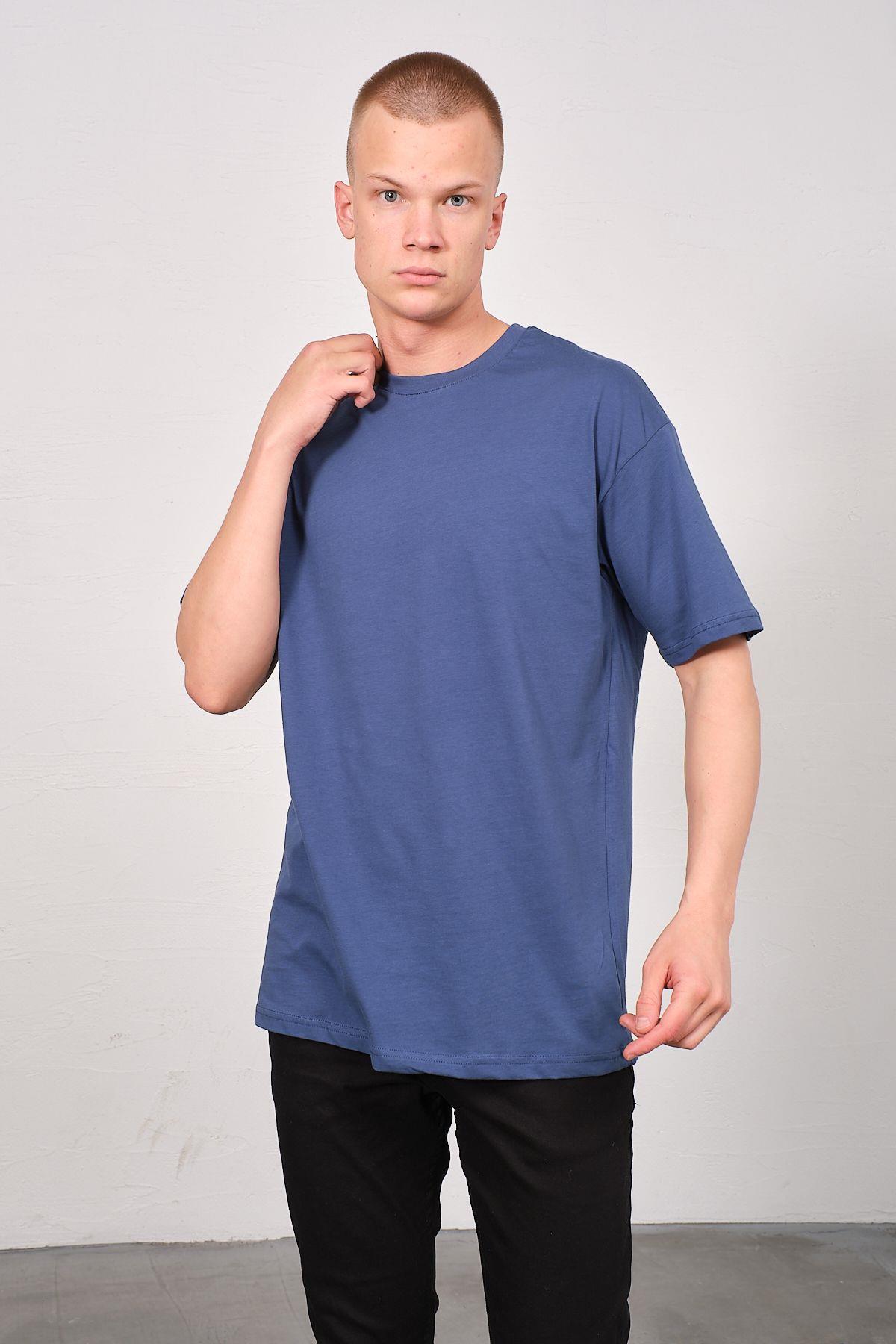 Erkek Bisiklet Yaka 2'li Oversize Basic T-Shirt 991 İndigo/Gri