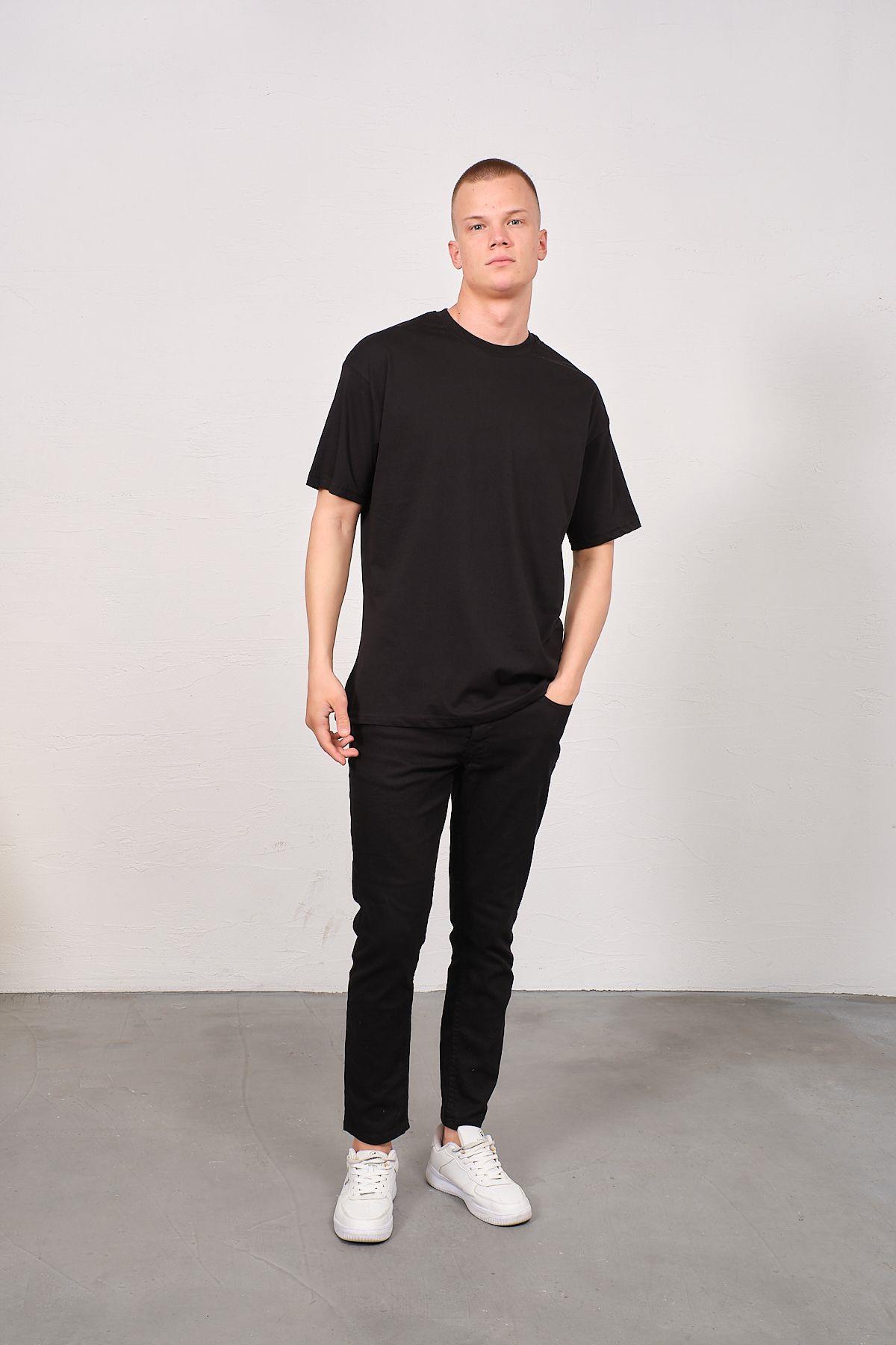 Erkek Bisiklet Yaka 2'li Oversize Basic T-Shirt 991 Siyah
