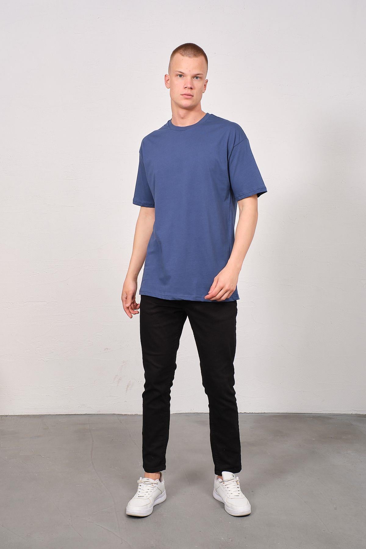 Erkek Bisiklet Yaka 2'li Oversize Basic T-Shirt 991 İndigo/Gri
