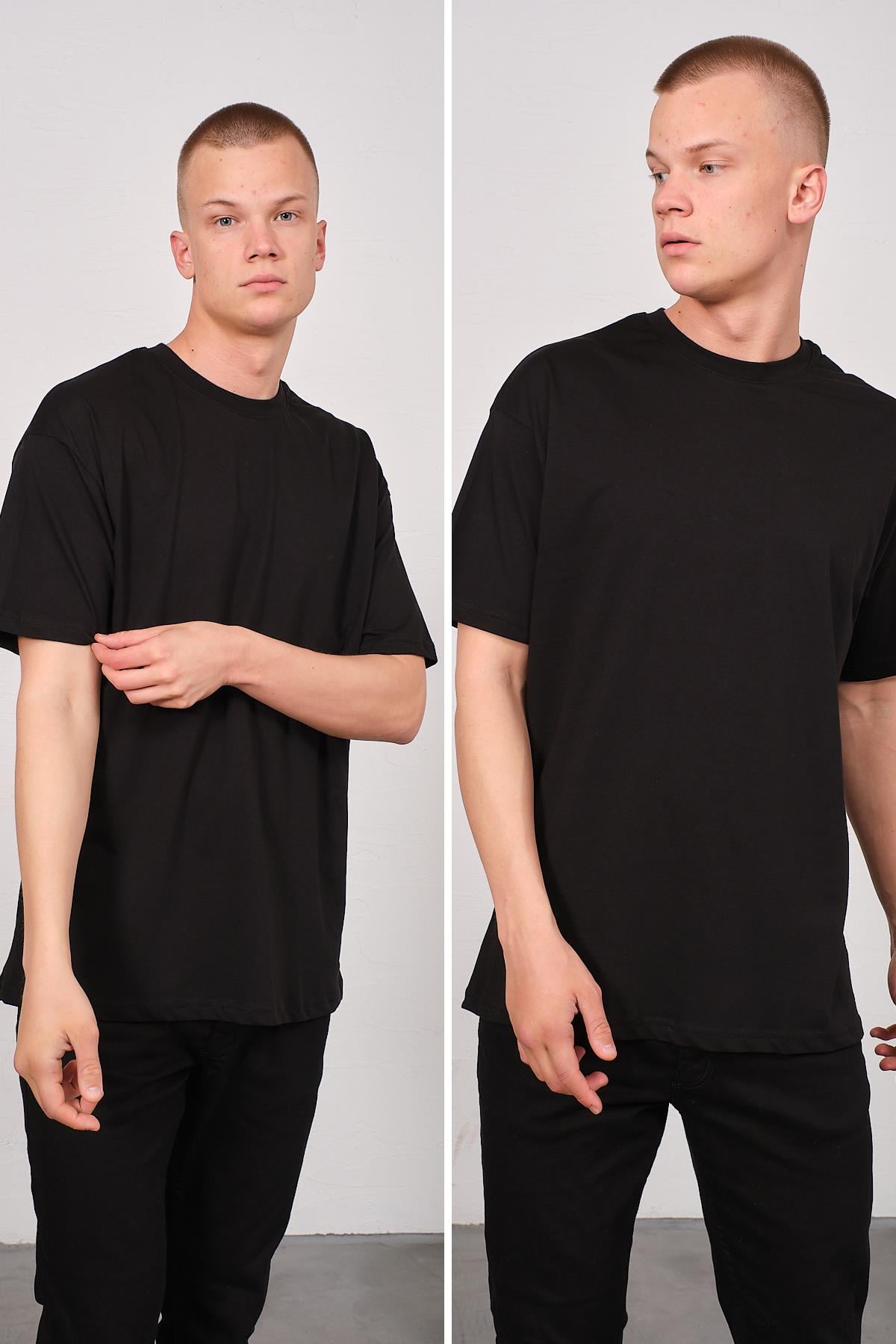 Erkek Bisiklet Yaka 2'li Oversize Basic T-Shirt 991 Siyah
