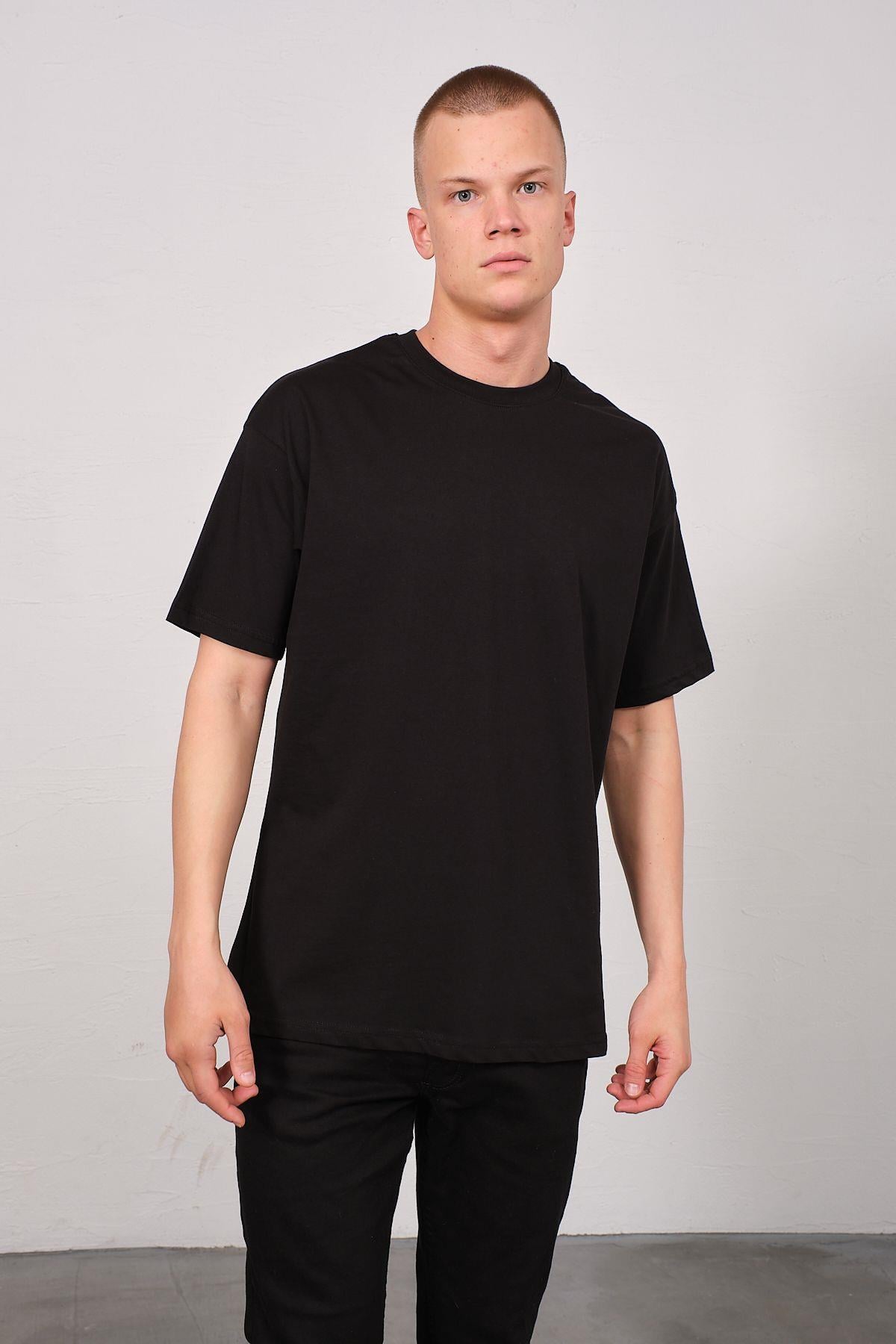 Erkek Bisiklet Yaka 2'li Oversize Basic T-Shirt 991 Siyah