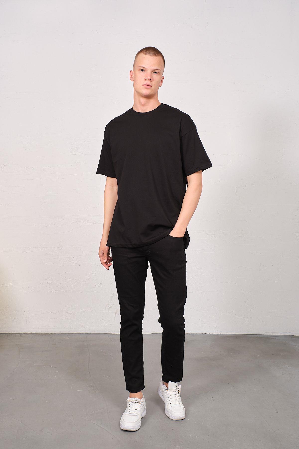 Erkek Bisiklet Yaka 2'li Oversize Basic T-Shirt 991 Siyah