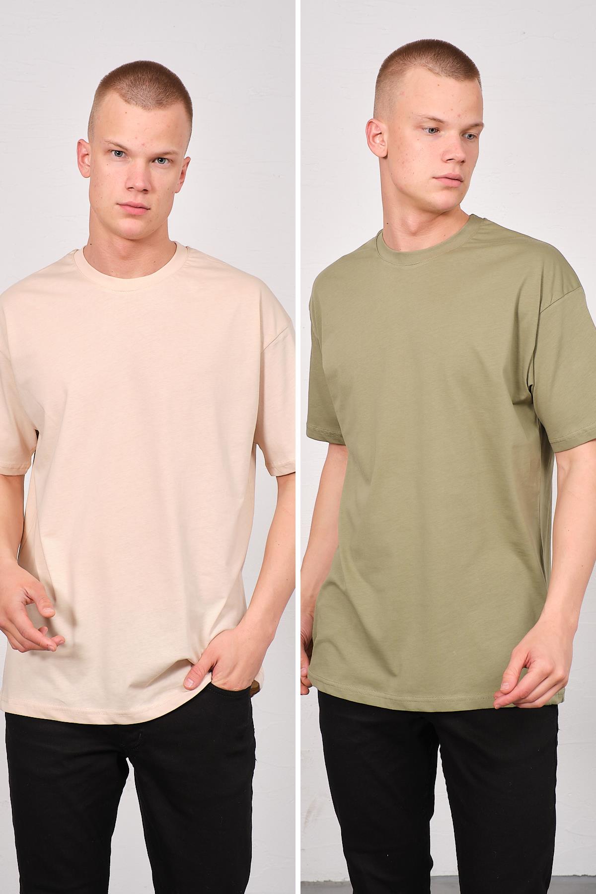 Erkek Bisiklet Yaka 2'li Oversize Basic T-Shirt 991 Haki/Bej
