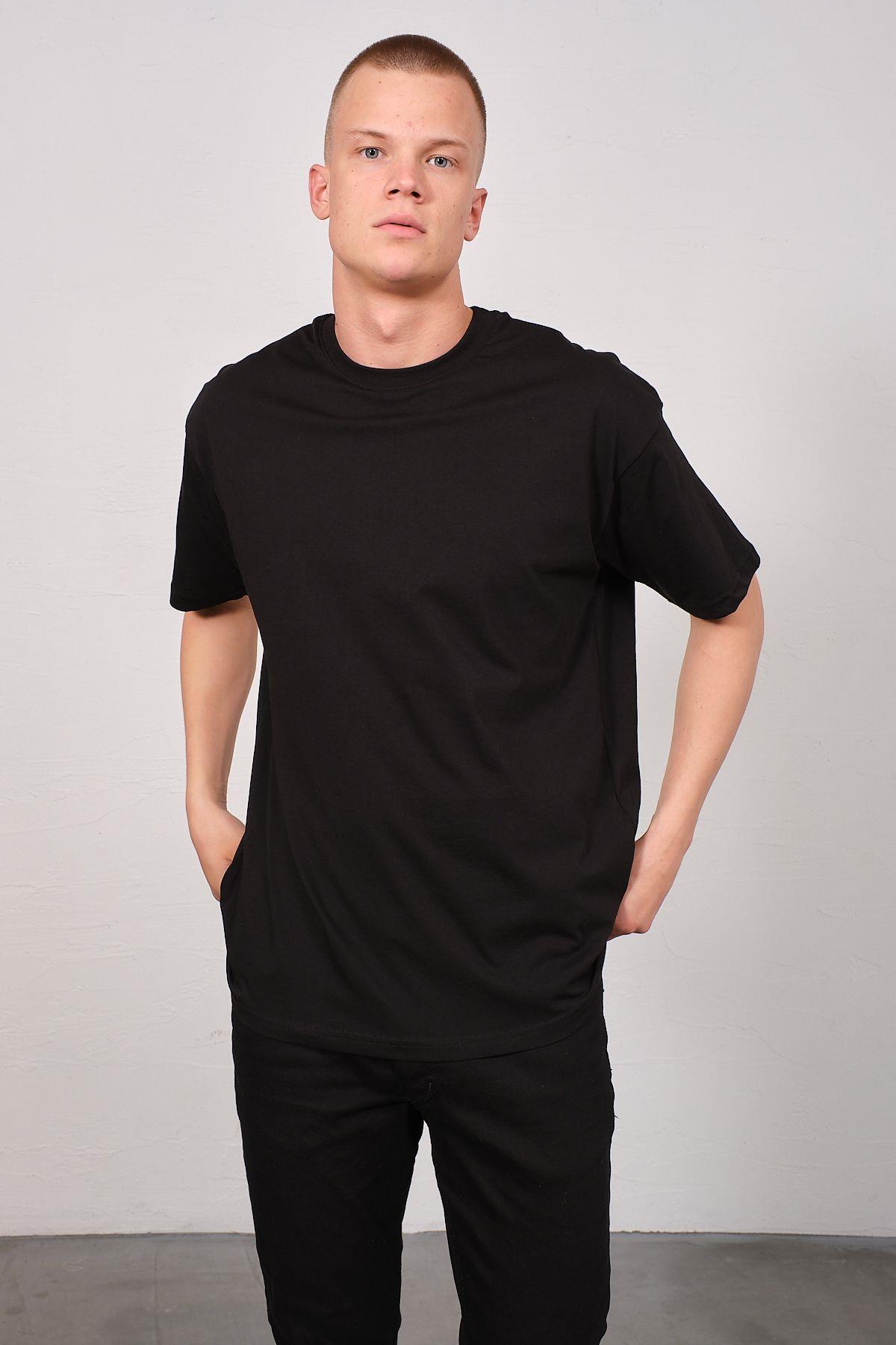 Erkek Bisiklet Yaka 2'li Oversize Basic T-Shirt 991 Siyah