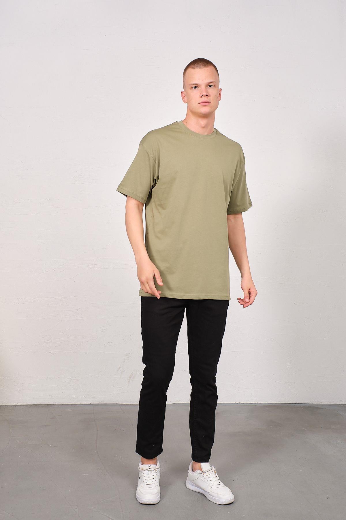 Erkek Bisiklet Yaka 2'li Oversize Basic T-Shirt 991 Haki/Bej