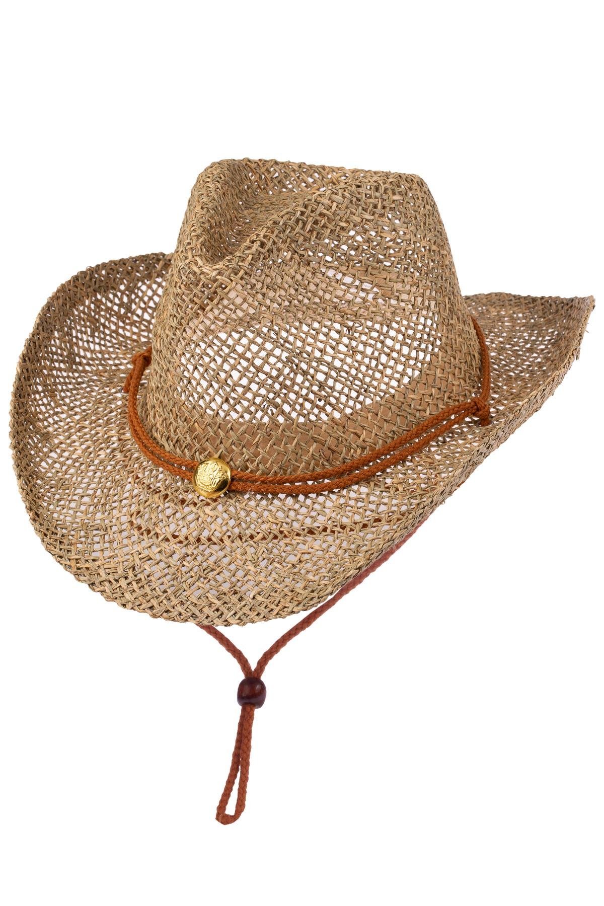 Erkek İp Detaylı Hasır Kovboy Şapka Y24750-19 Bej