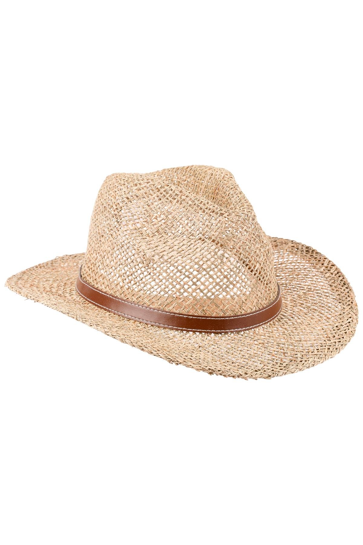 Erkek Kemer Detaylı Geniş Kenar Hasır Şapka Y25750-07 Vizon