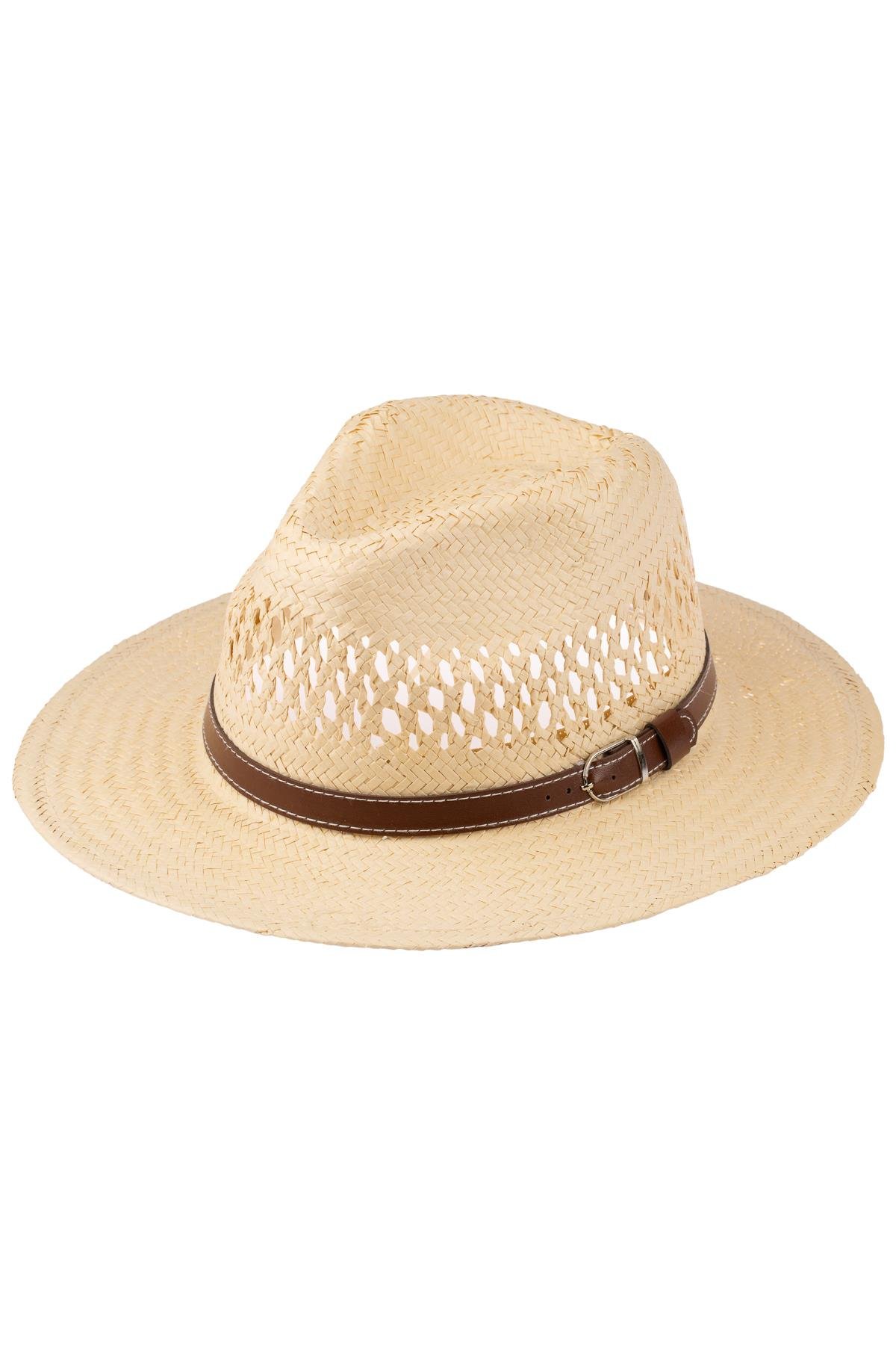 Erkek Kemer Detaylı Geniş Kenar Hasır Şapka Y25750-06 Bej
