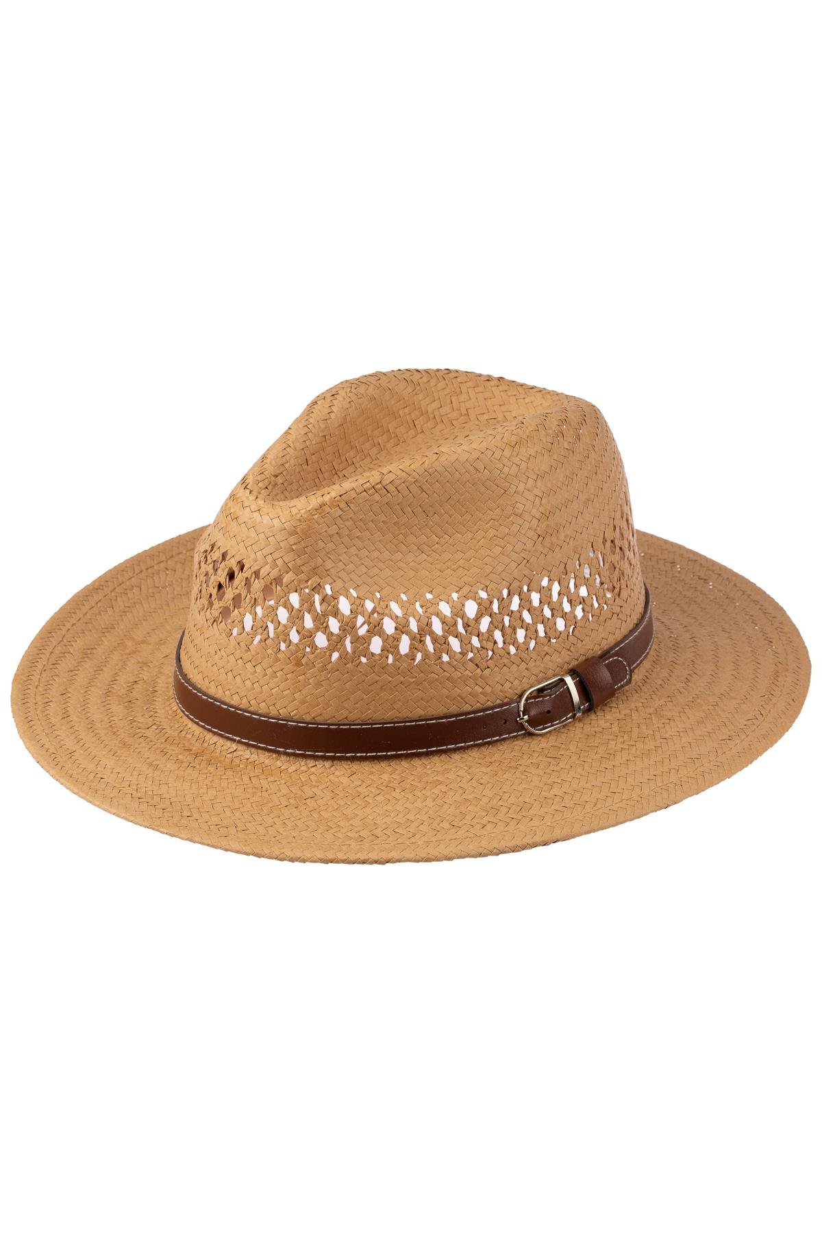 Erkek Kemer Detaylı Geniş Kenar Hasır Şapka Y25750-06 Vizon
